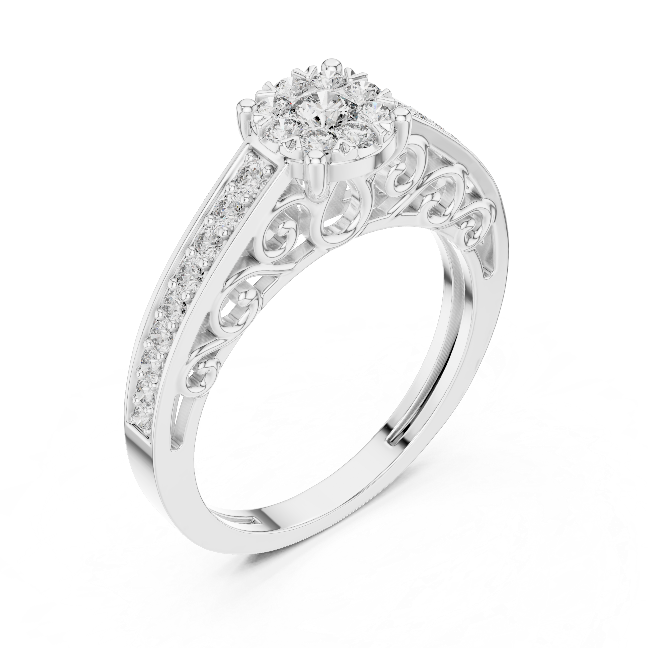 Double Halo Floral Diamond Ring with Twisted Pavé Band