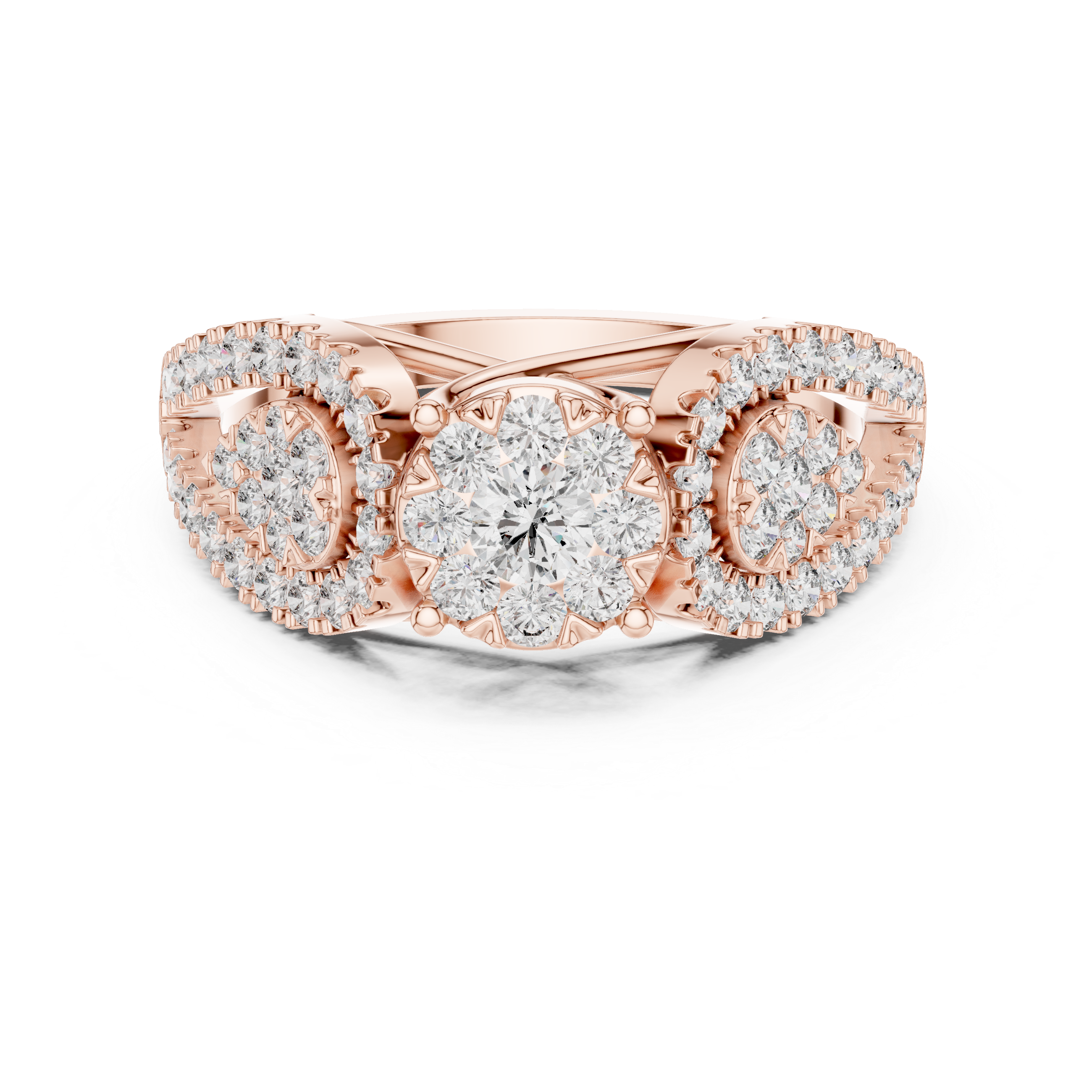 Triple Cluster Diamond Ring – Floral Halo with Split Shank
