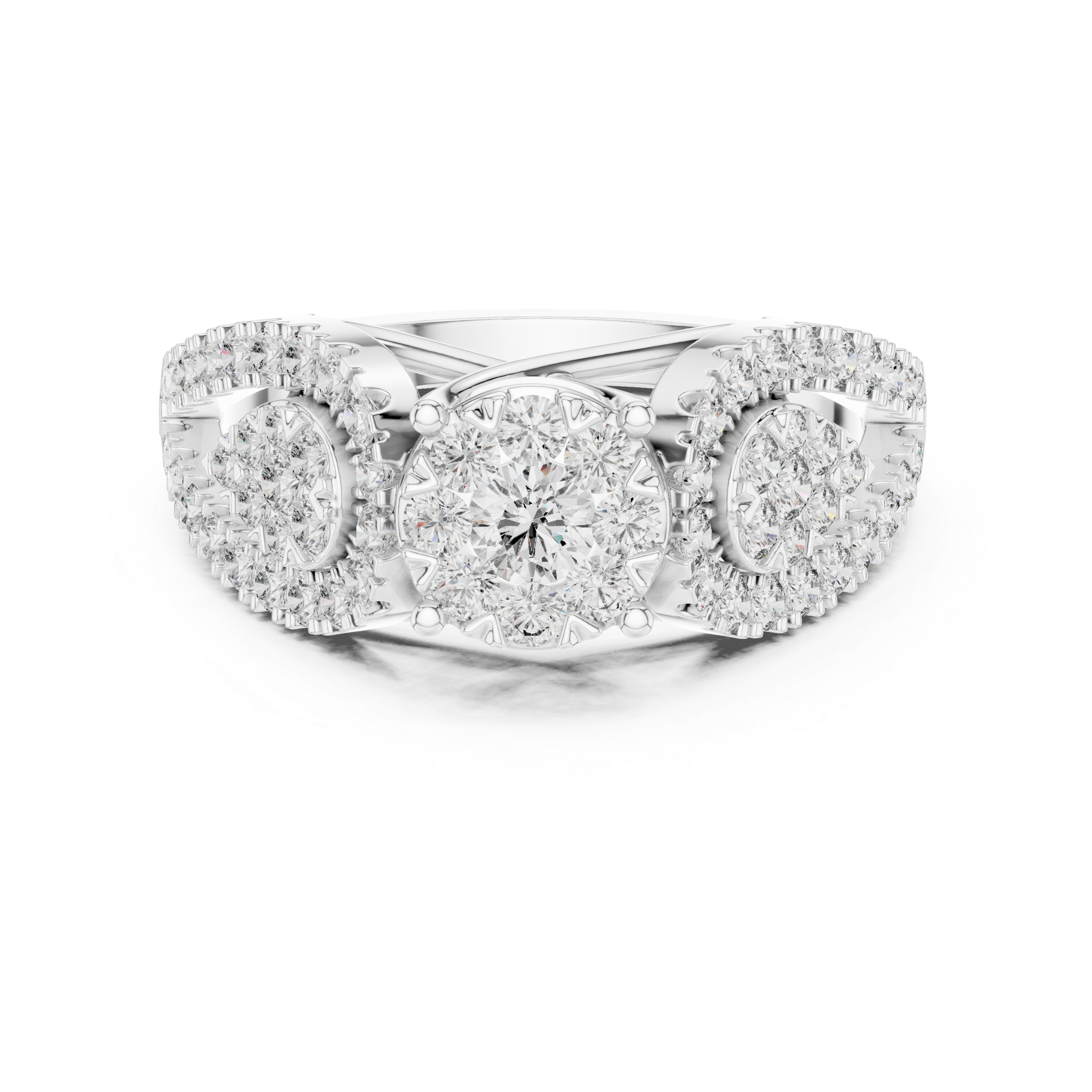 Triple Cluster Diamond Ring – Floral Halo with Split Shank
