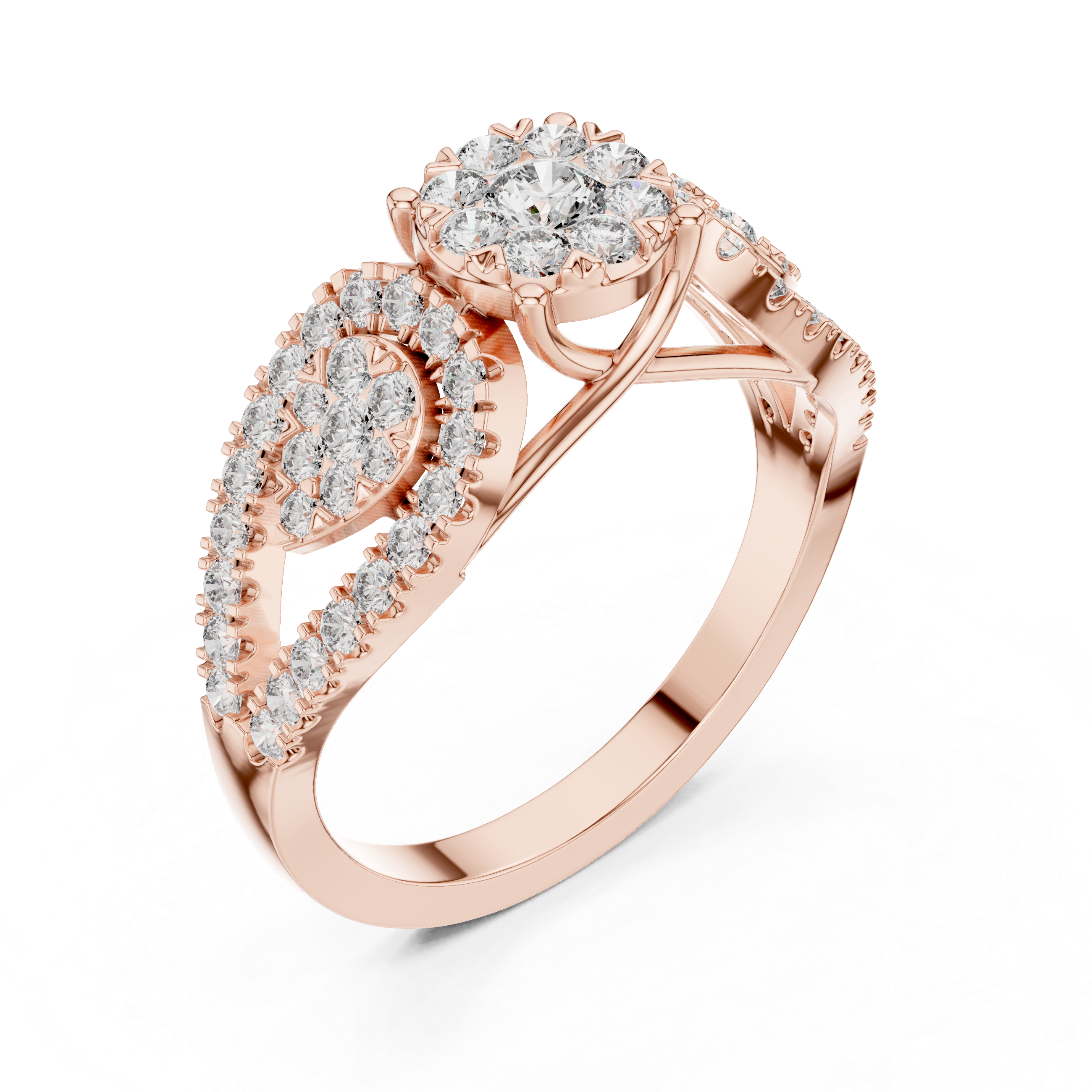 Triple Cluster Diamond Ring – Floral Halo with Split Shank