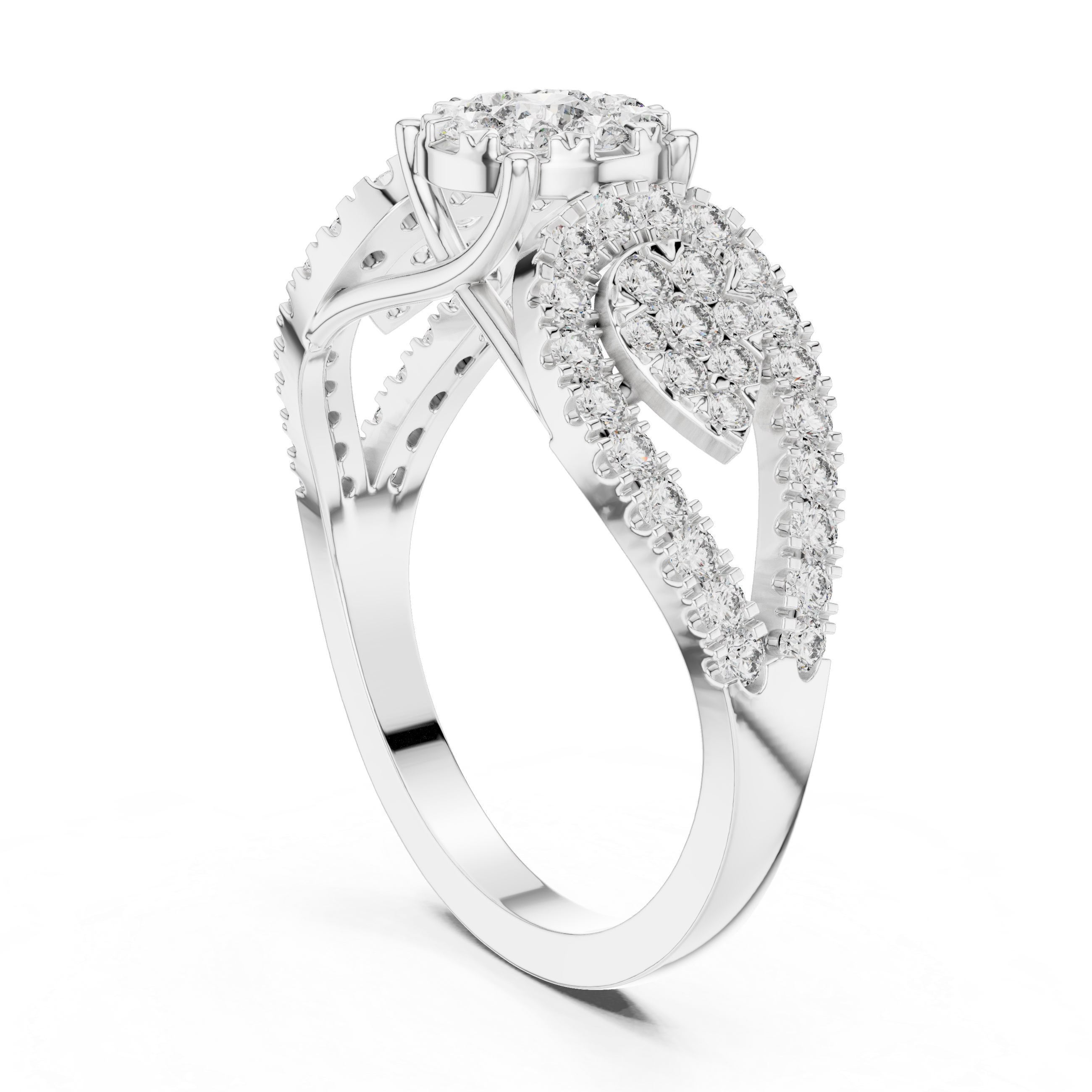 Triple Cluster Diamond Ring – Floral Halo with Split Shank