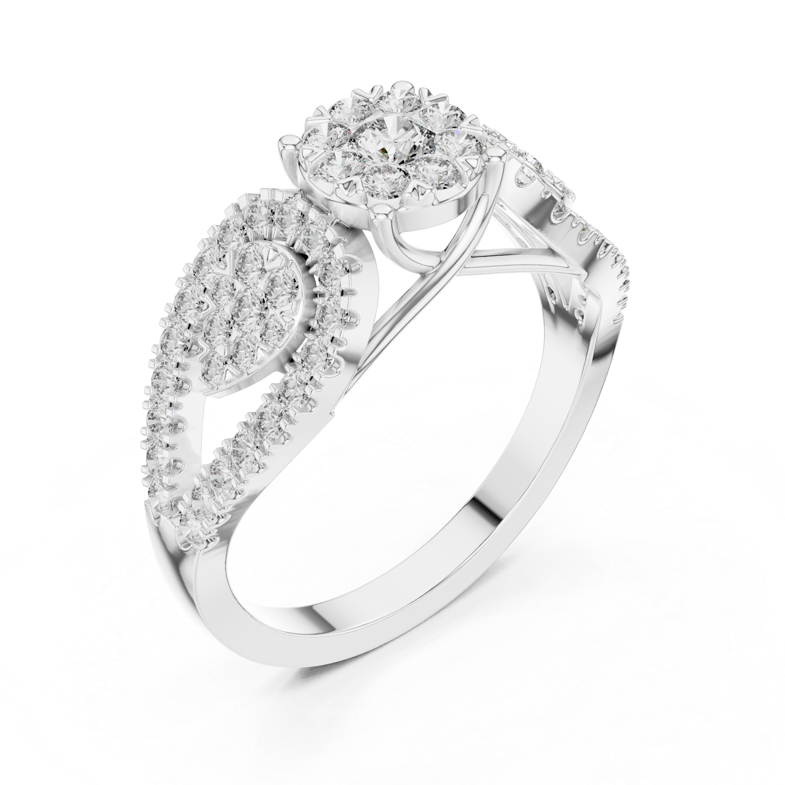 Triple Cluster Diamond Ring – Floral Halo with Split Shank