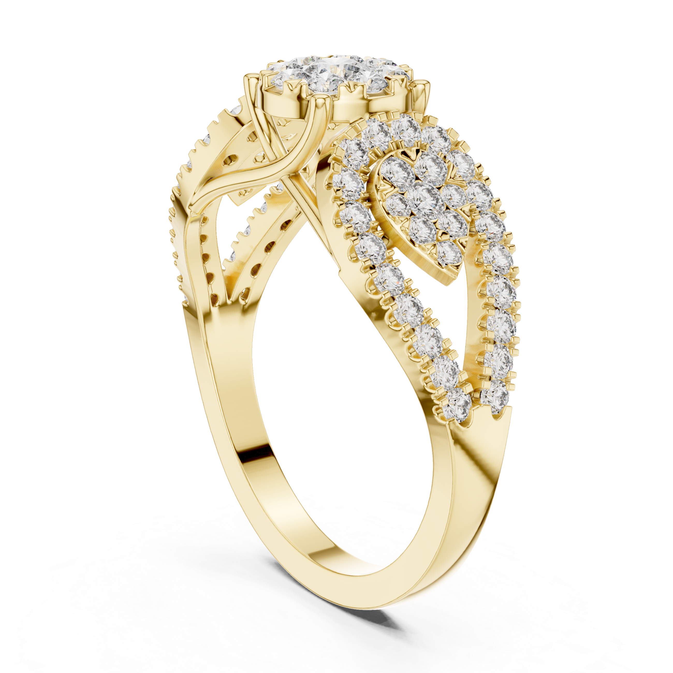 Triple Cluster Diamond Ring – Floral Halo with Split Shank