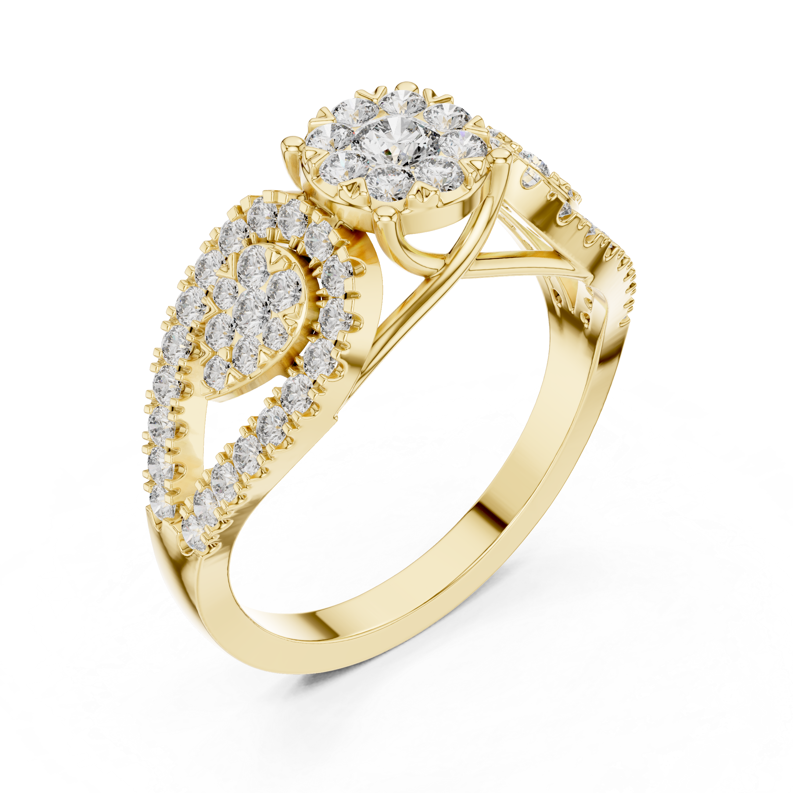 Triple Cluster Diamond Ring – Floral Halo with Split Shank