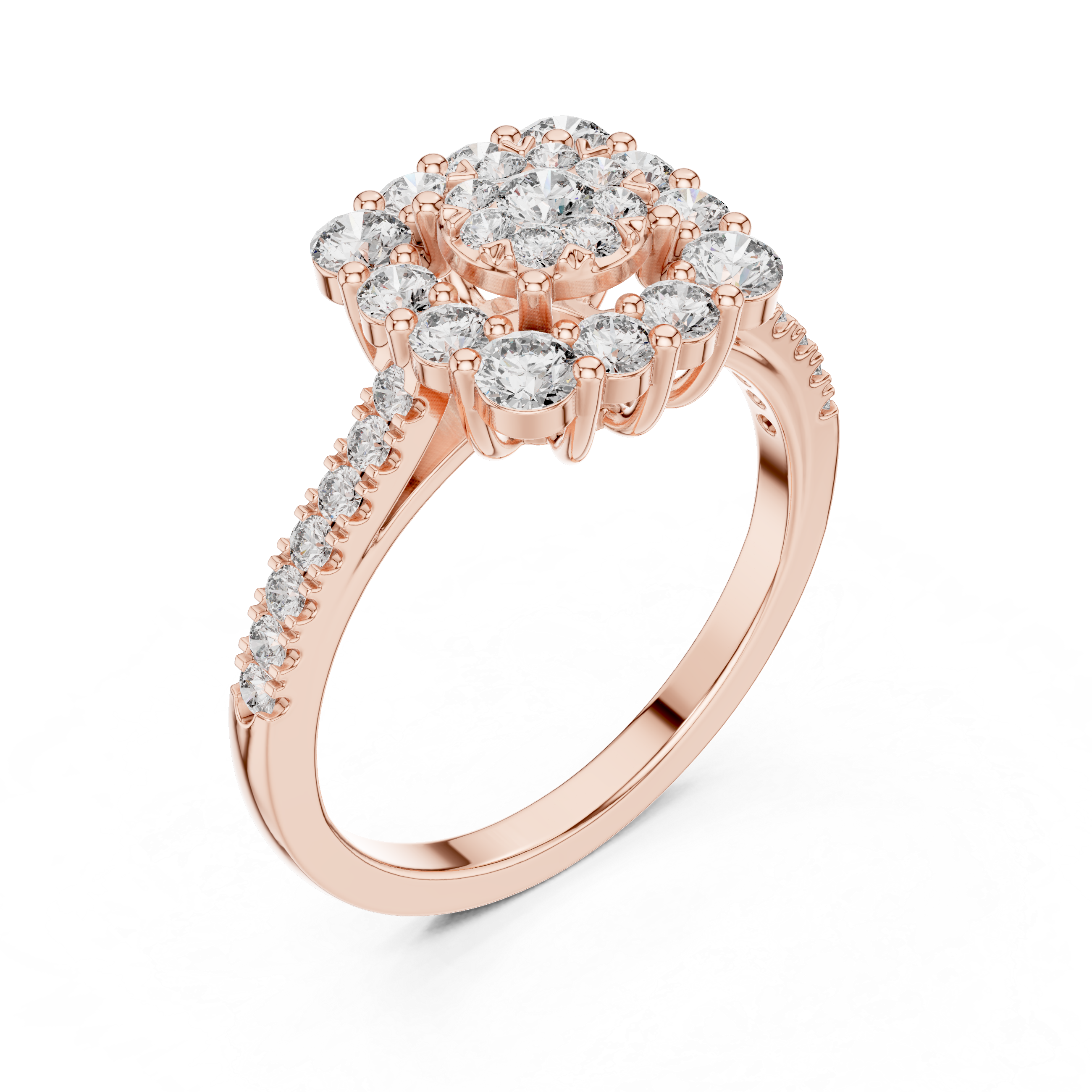 Round Cluster Diamond Ring – Double Halo Floral Design