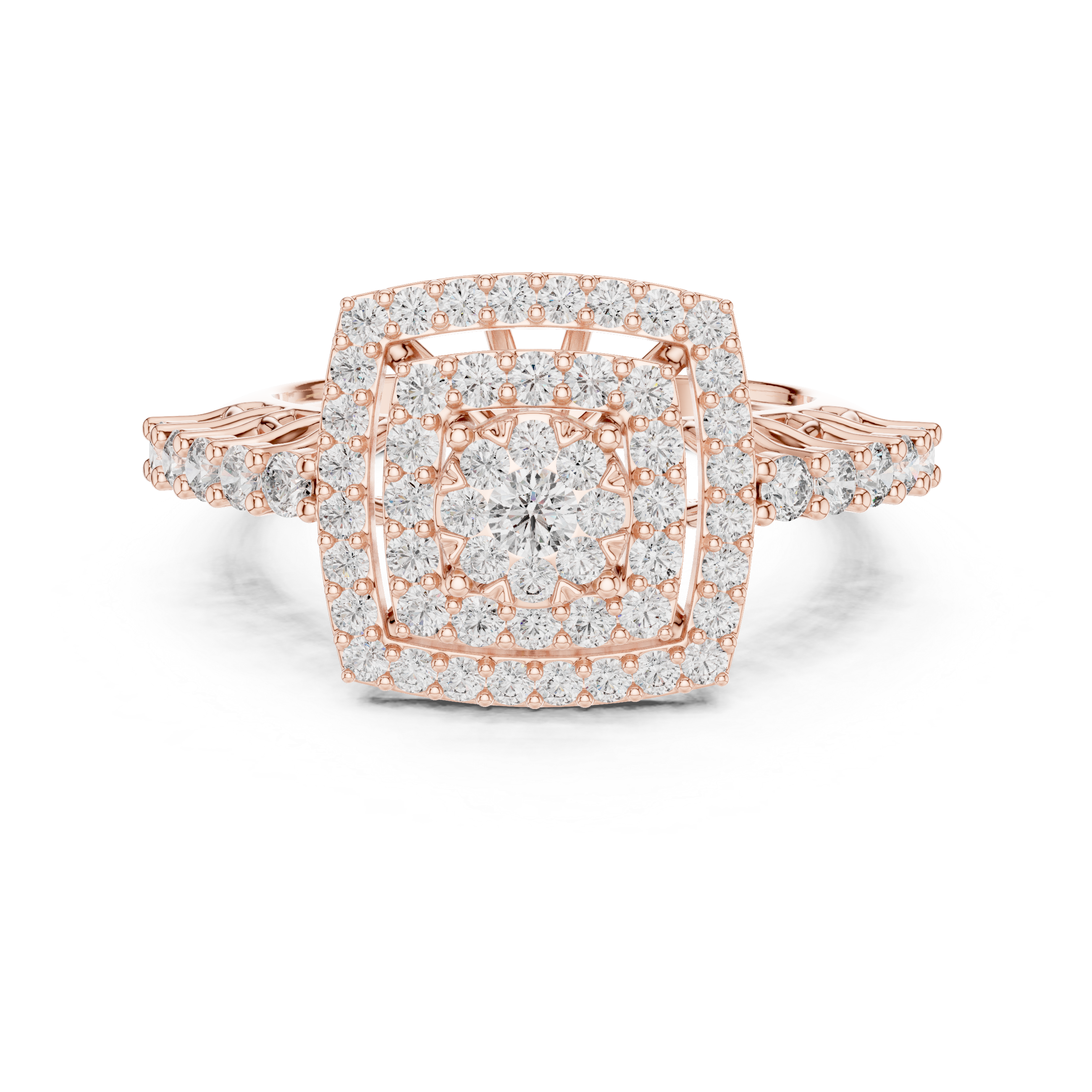 Double Halo Diamond Cluster Engagement Ring – Square Cushion Inspired Gold Bridal Ring