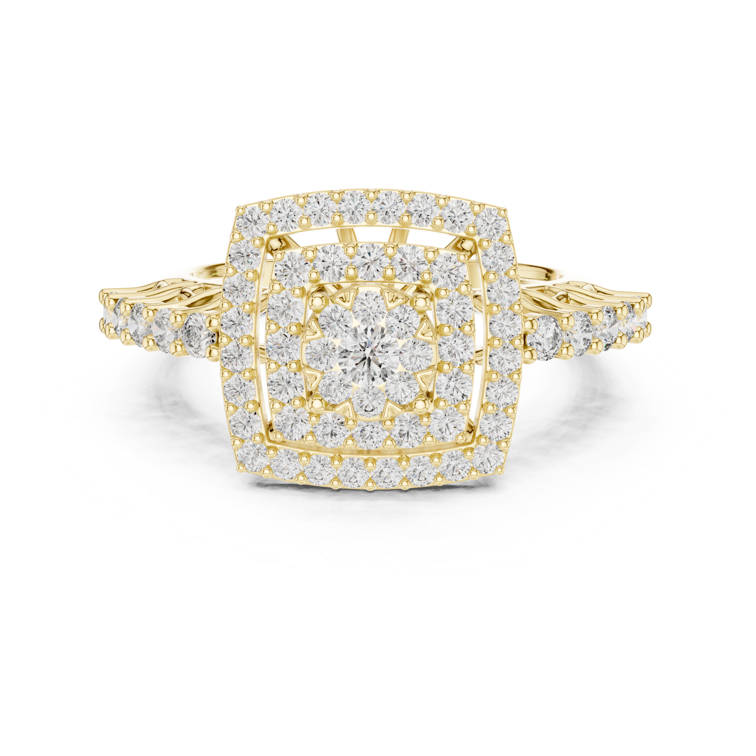 Double Halo Diamond Cluster Engagement Ring – Square Cushion Inspired Gold Bridal Ring