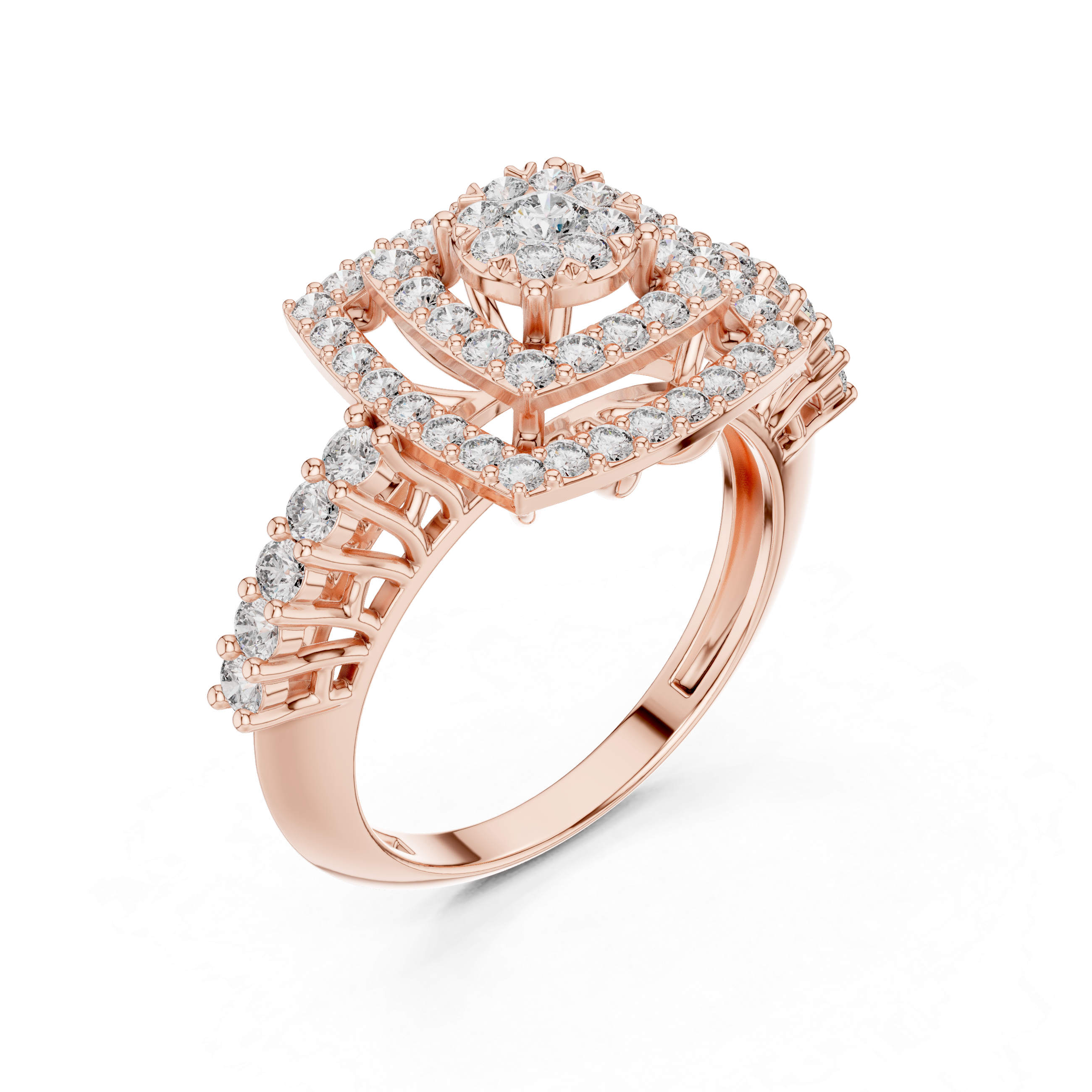 Double Halo Diamond Cluster Engagement Ring – Square Cushion Inspired Gold Bridal Ring