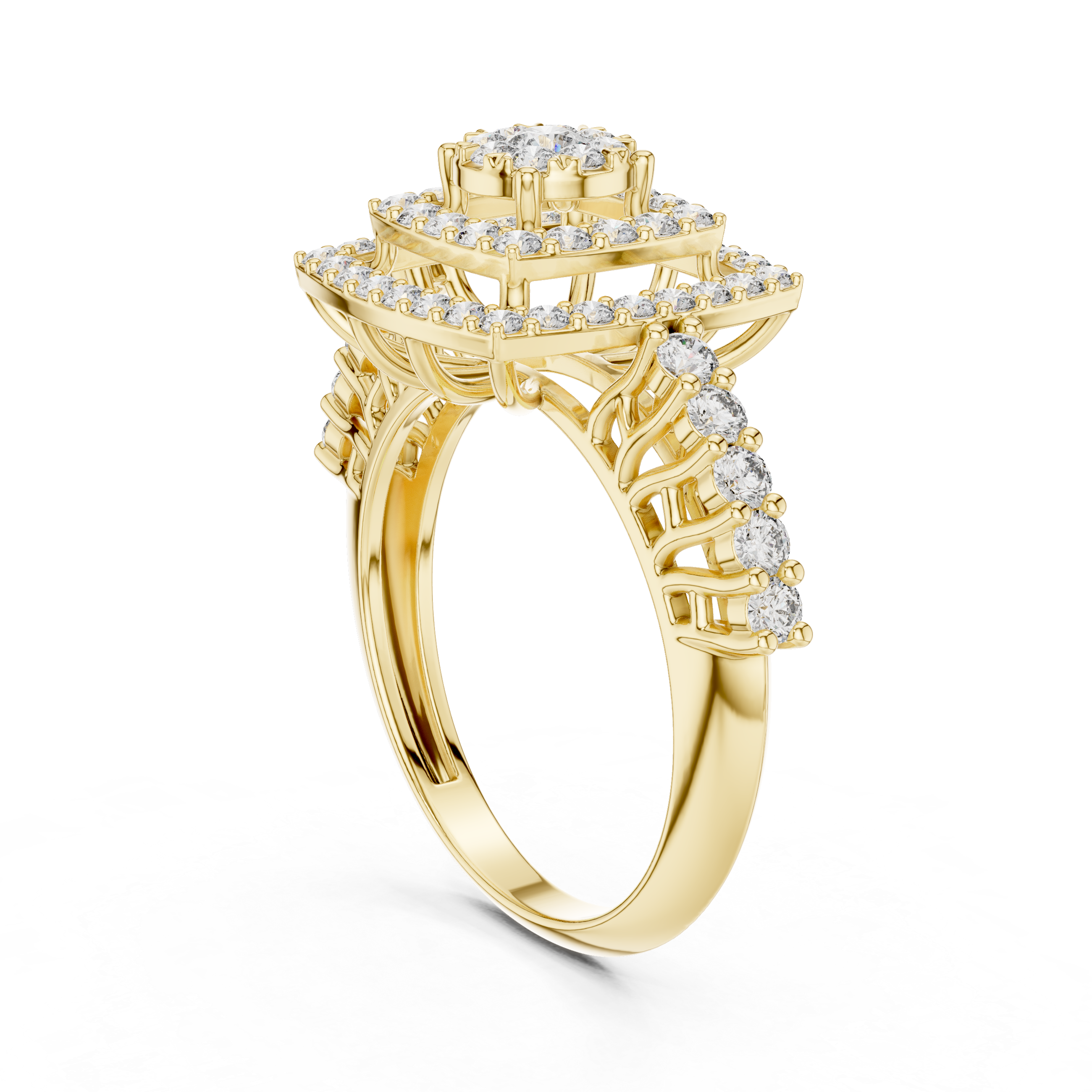 Double Halo Diamond Cluster Engagement Ring – Square Cushion Inspired Gold Bridal Ring