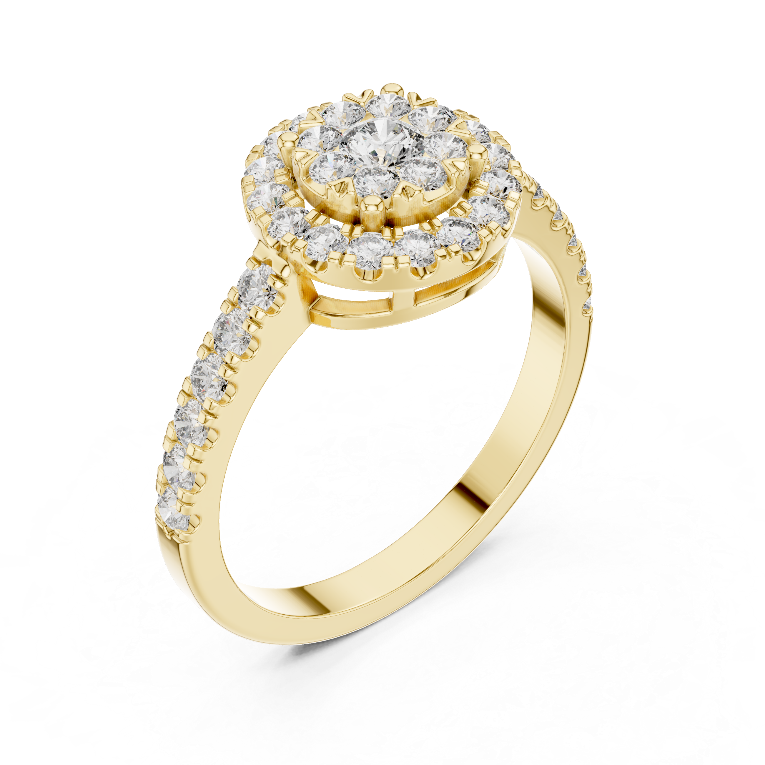Round Halo Diamond Engagement Ring – Classic Cluster Bridal Ring in Yellow Gold