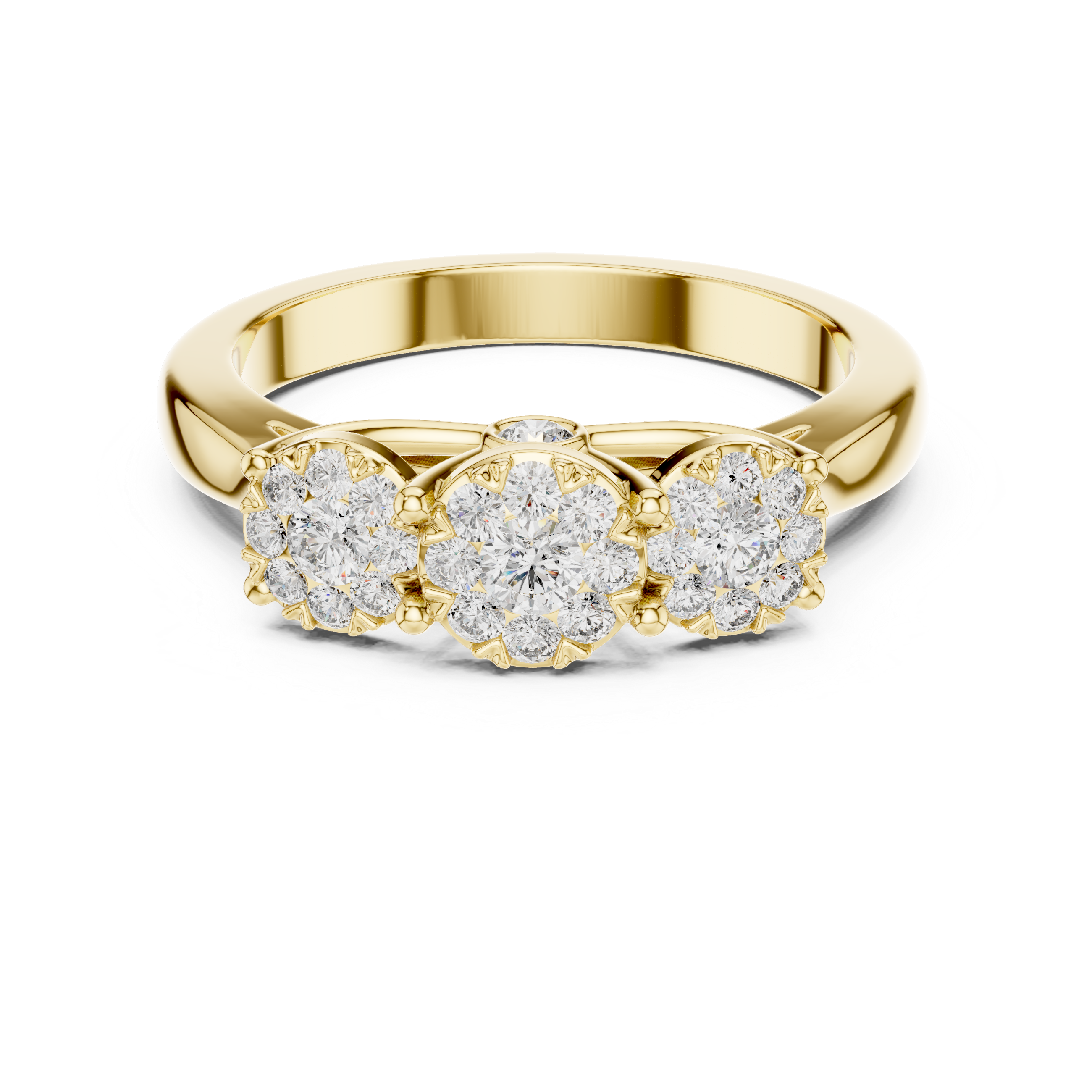 Three Stone Diamond Cluster Ring – Classic Trilogy Engagement Ring in Yellow Gold