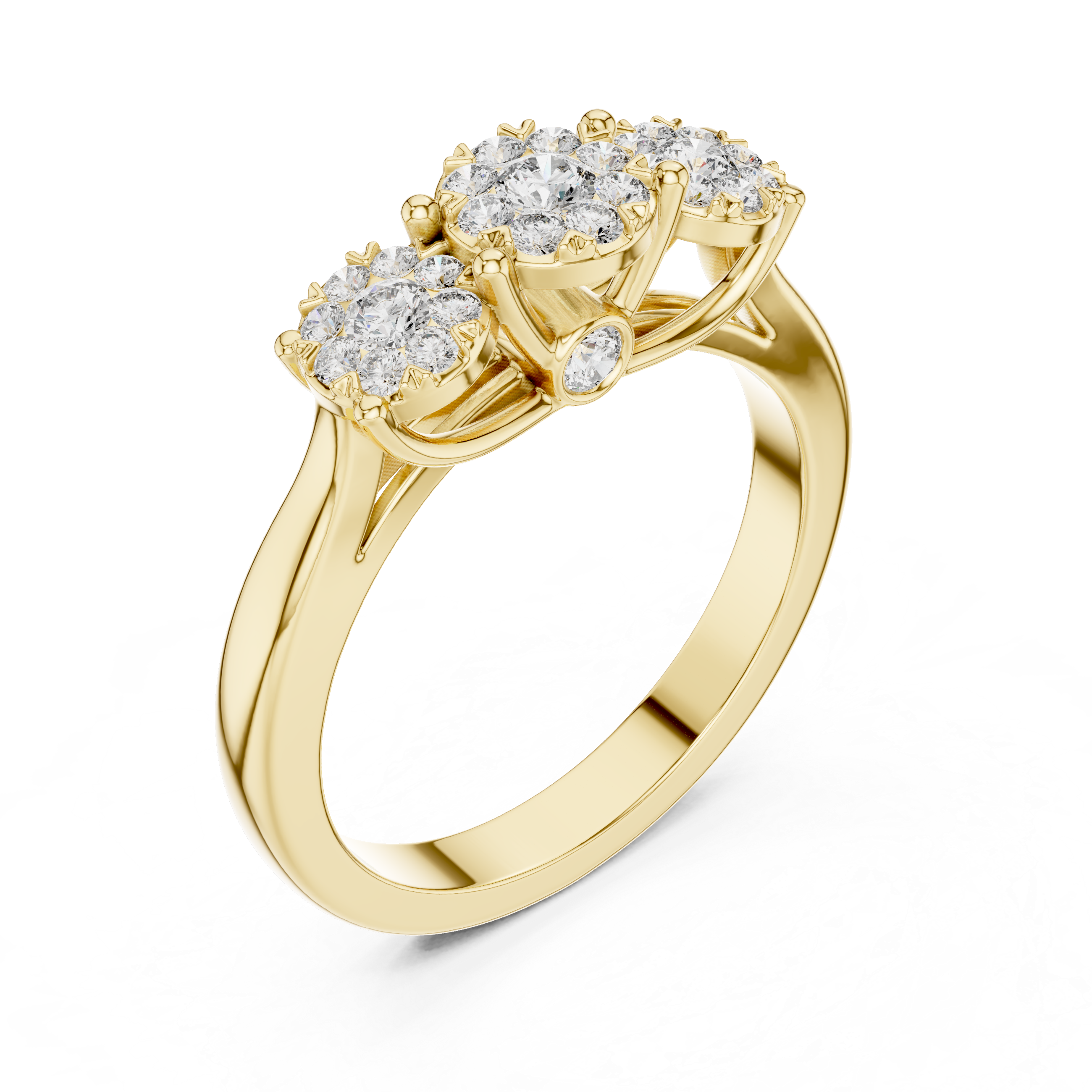 Three Stone Diamond Cluster Ring – Classic Trilogy Engagement Ring in Yellow Gold