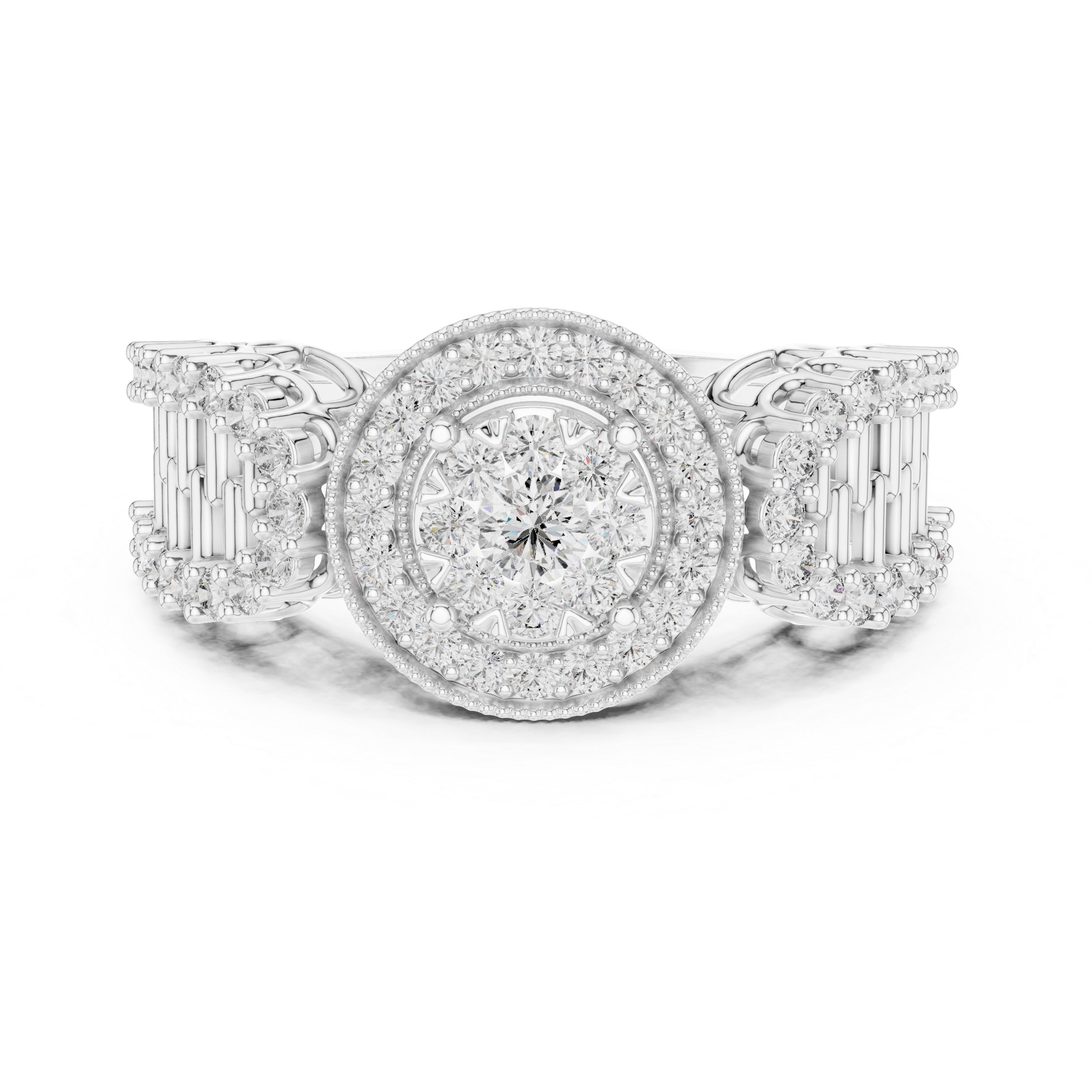 Vintage Halo Diamond Engagement Ring – Round Cluster Bridal Ring with Open Gallery Band
