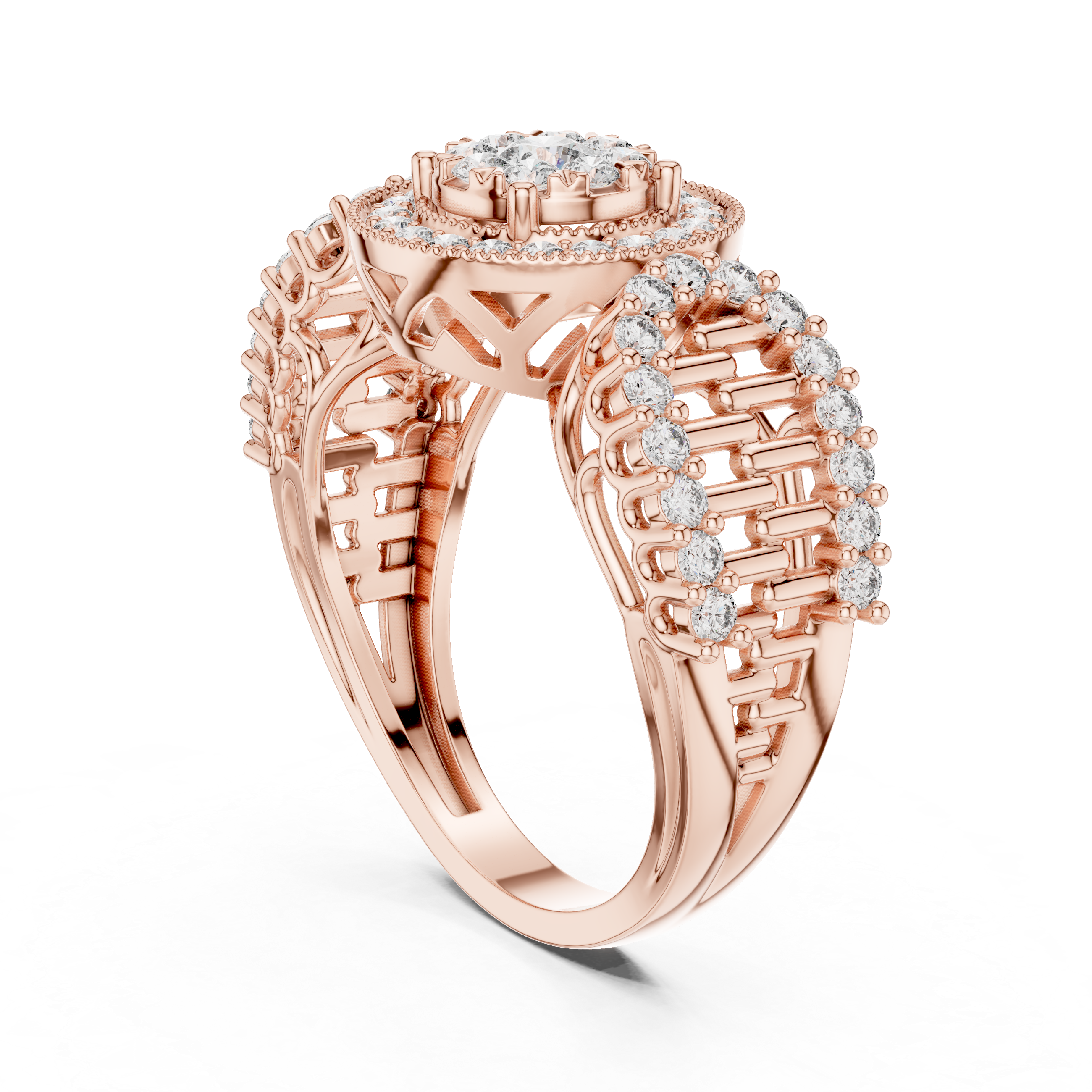 Vintage Halo Diamond Engagement Ring – Round Cluster Bridal Ring with Open Gallery Band