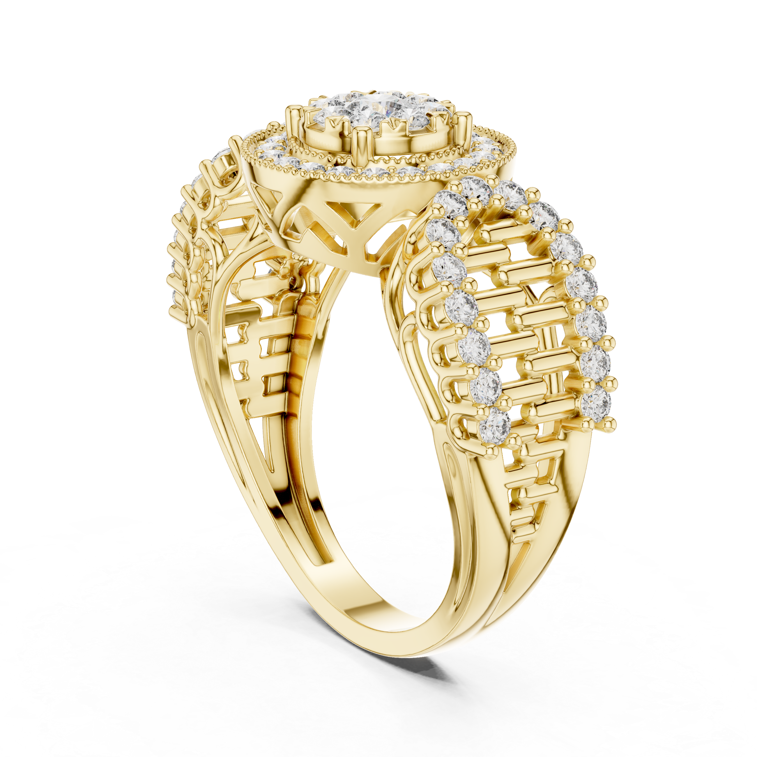 Vintage Halo Diamond Engagement Ring – Round Cluster Bridal Ring with Open Gallery Band