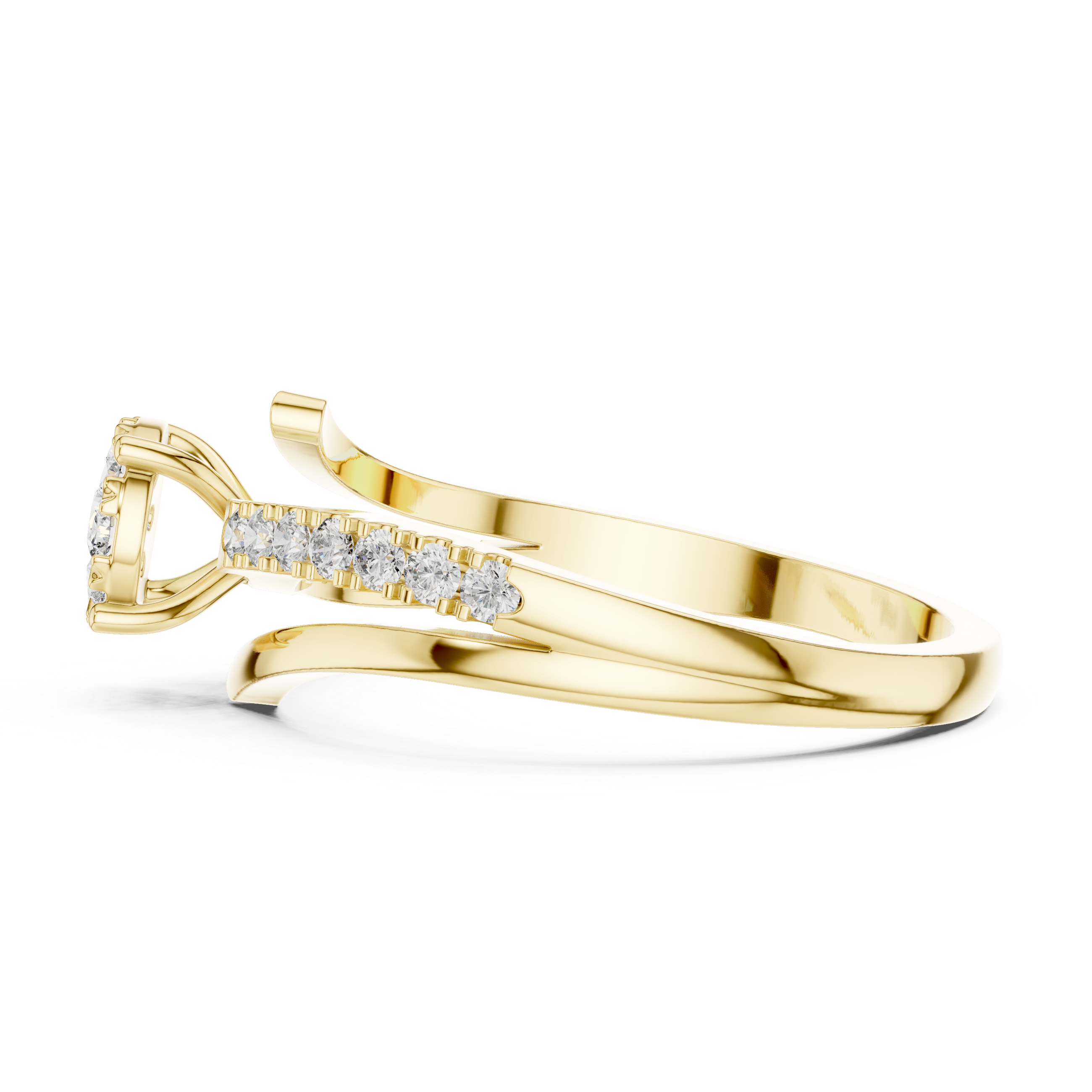 Twisted Bypass Diamond Engagement Ring – Modern Pavé Split Shank Bridal Ring in Yellow Gold