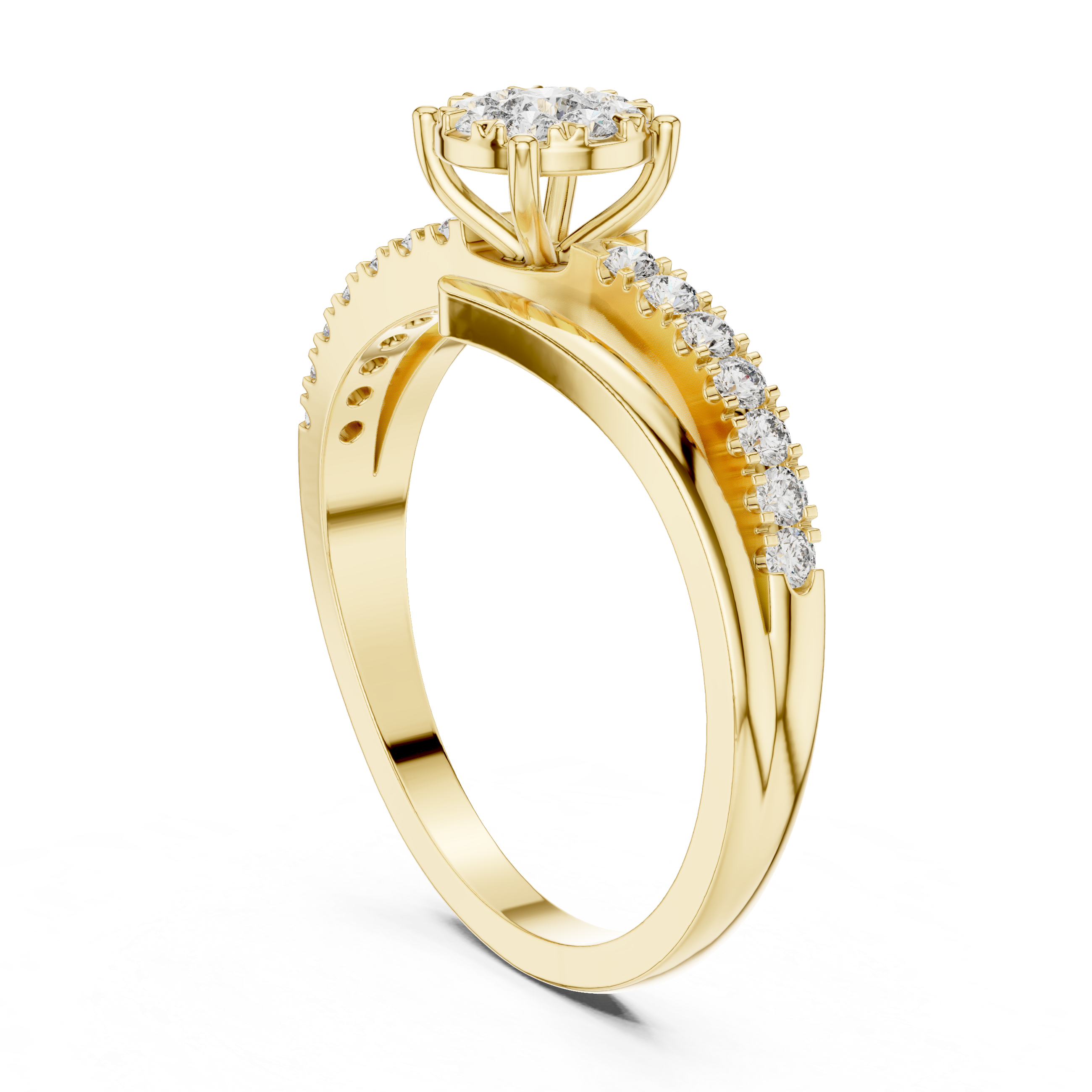 Twisted Bypass Diamond Engagement Ring – Modern Pavé Split Shank Bridal Ring in Yellow Gold