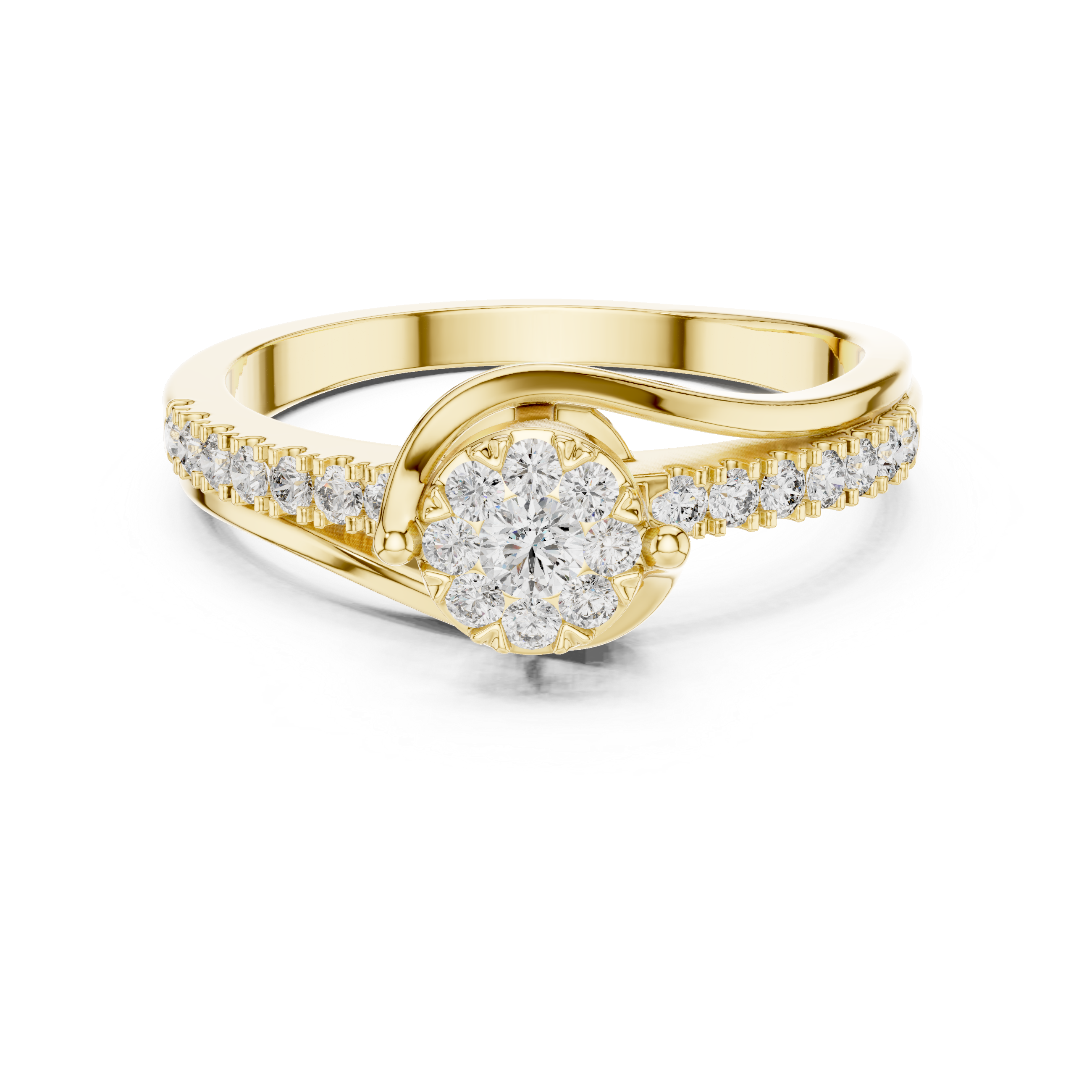Twisted Diamond Cluster Engagement Ring – Modern Bypass Pavé Bridal Ring in Yellow Gold