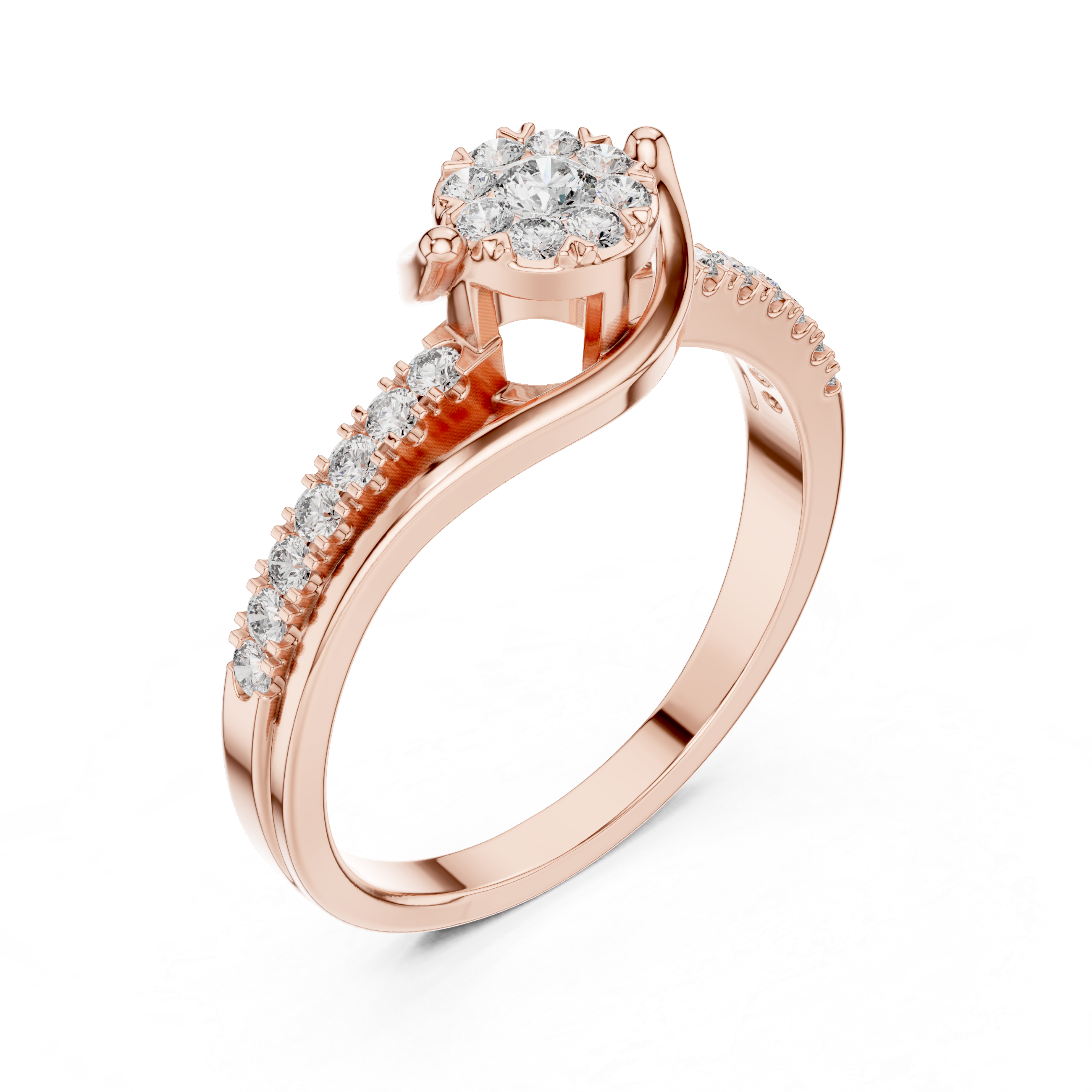 Twisted Diamond Cluster Engagement Ring – Modern Bypass Pavé Bridal Ring in Yellow Gold