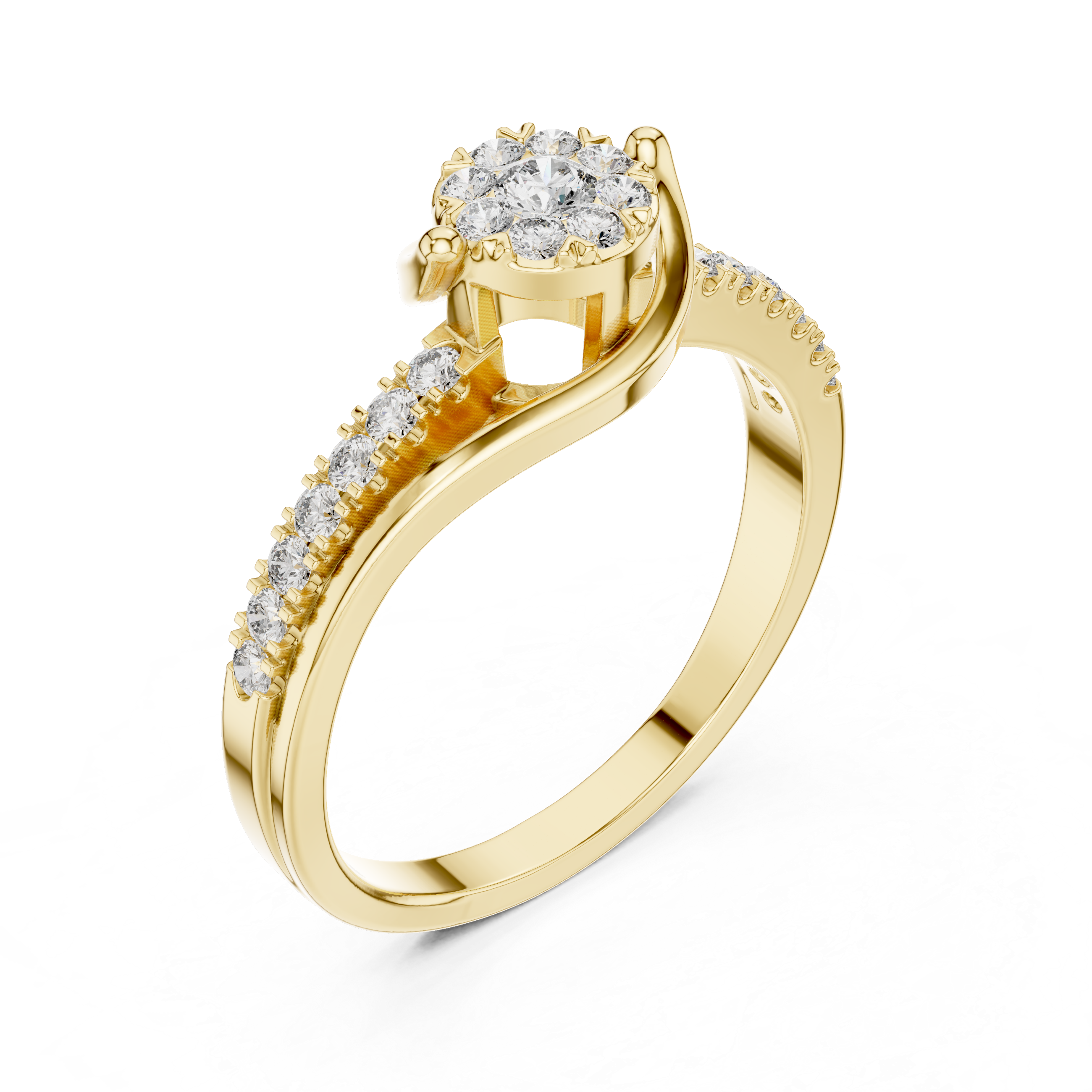 Twisted Diamond Cluster Engagement Ring – Modern Bypass Pavé Bridal Ring in Yellow Gold