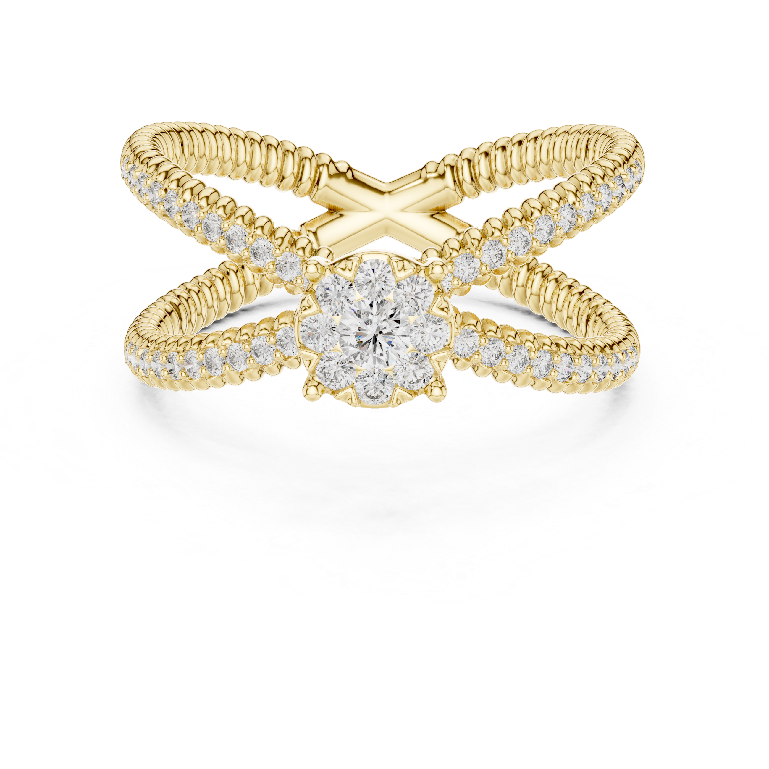 Criss Cross Diamond Cluster Ring – Double Band Pavé Engagement Ring in Yellow Gold