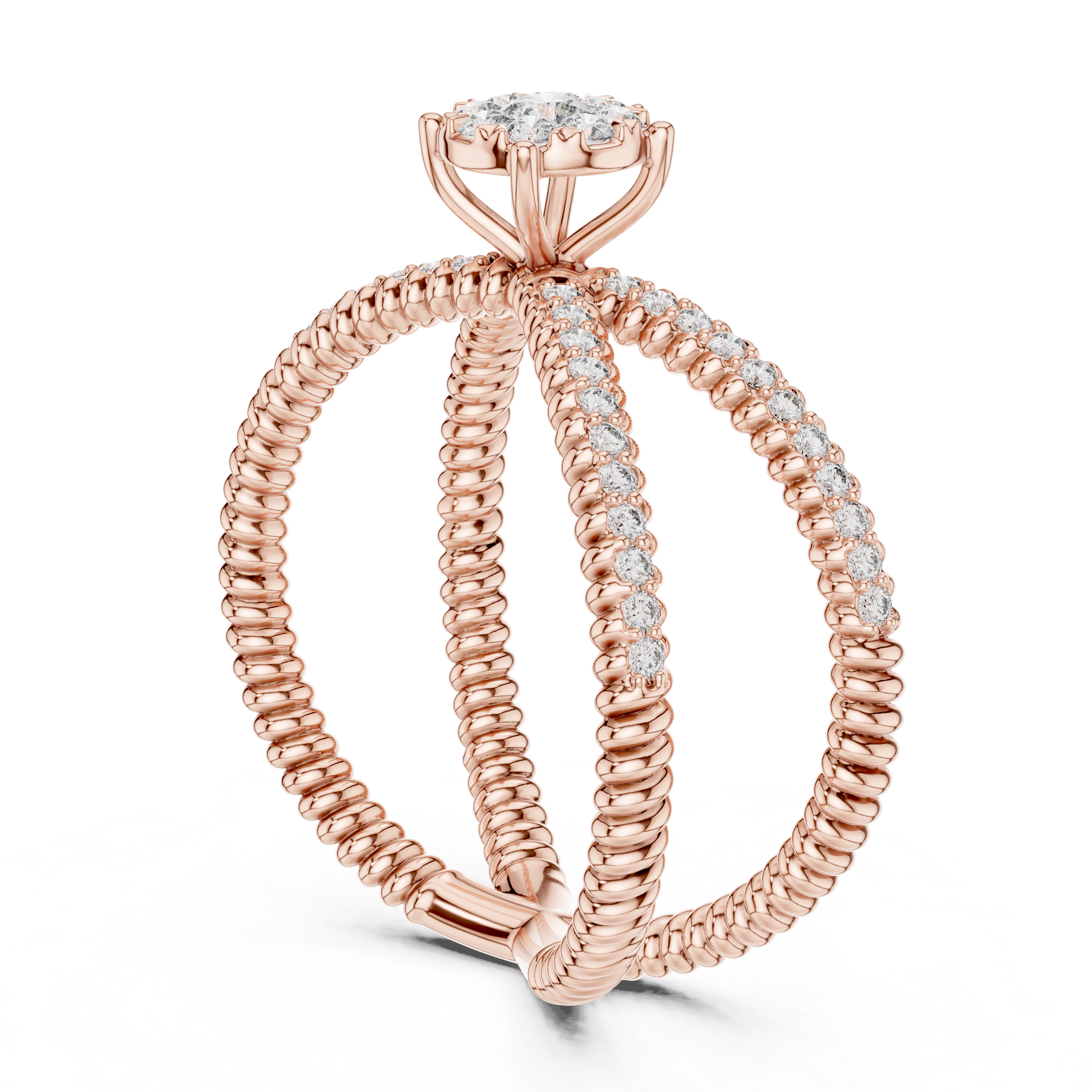 Criss Cross Diamond Cluster Ring – Double Band Pavé Engagement Ring in Yellow Gold