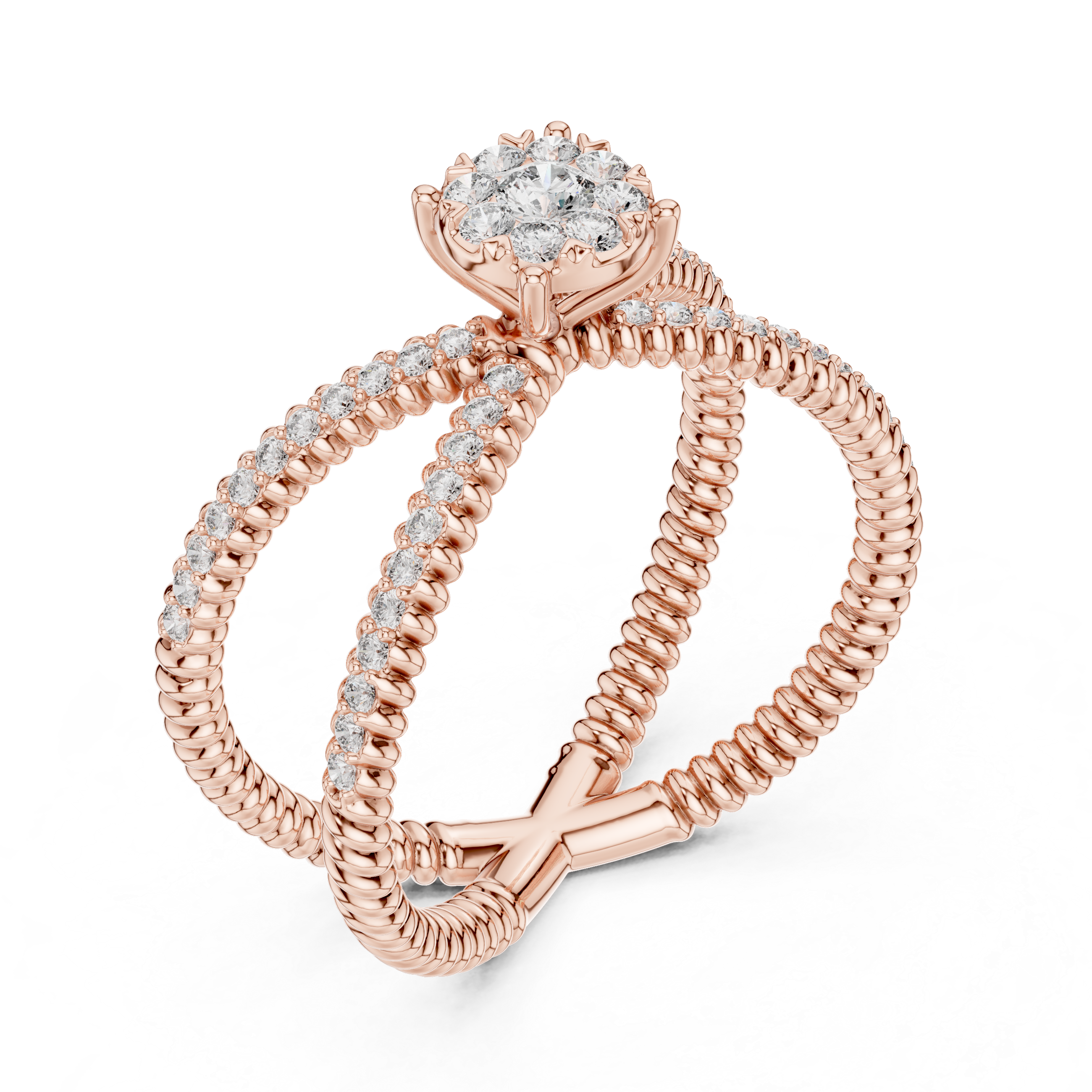 Criss Cross Diamond Cluster Ring – Double Band Pavé Engagement Ring in Yellow Gold