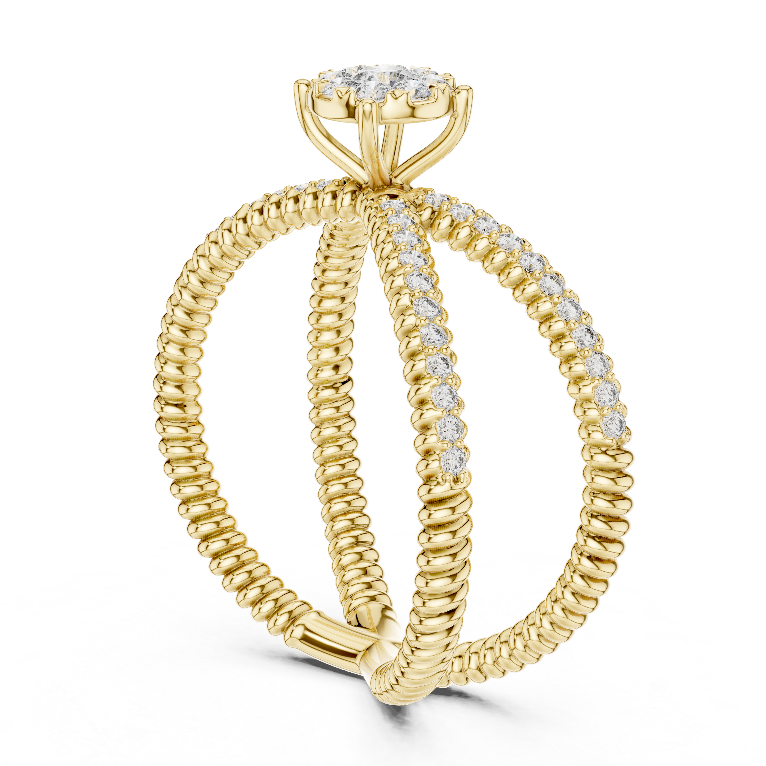 Criss Cross Diamond Cluster Ring – Double Band Pavé Engagement Ring in Yellow Gold