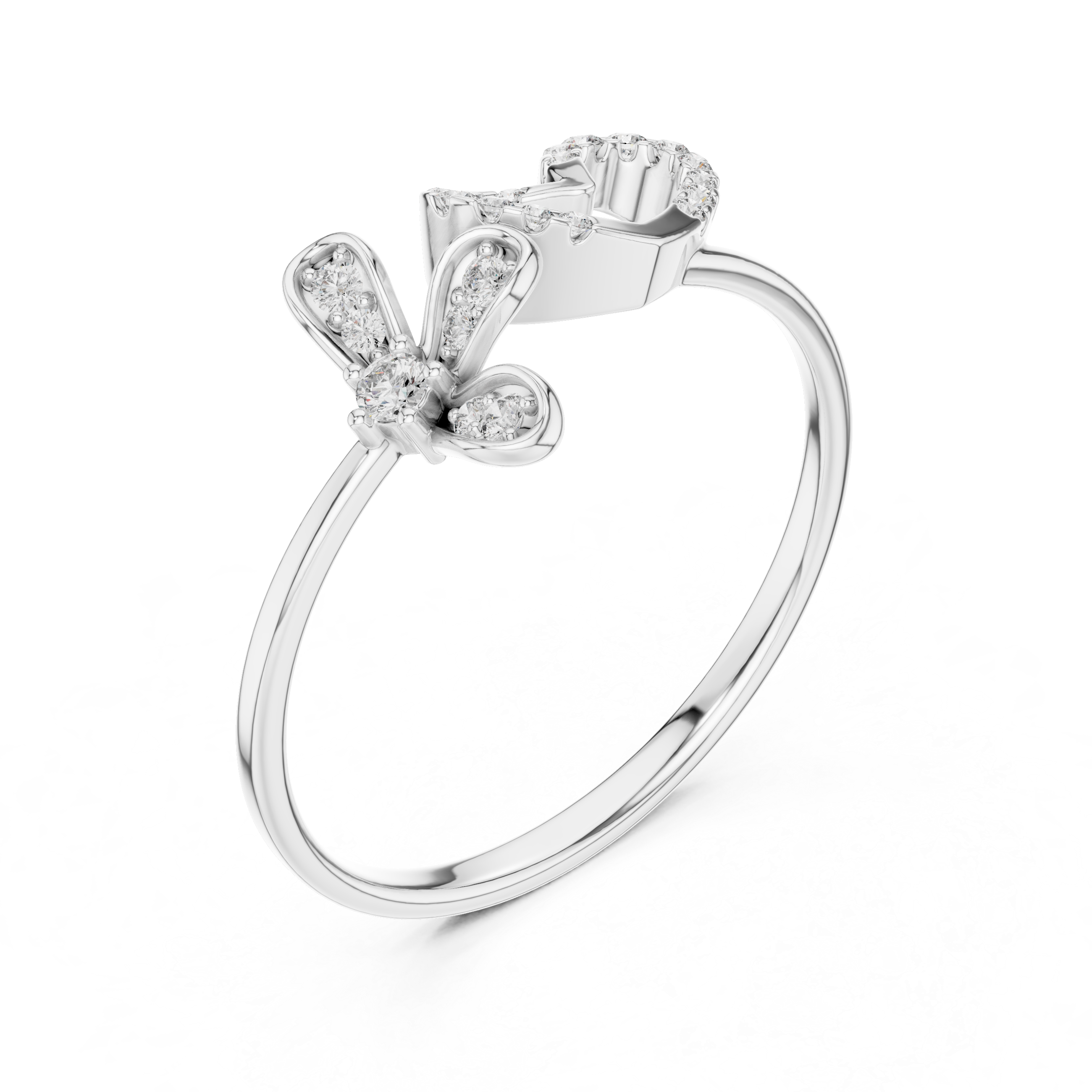 Diamond Heart and Floral Openwork Ring with Minimalist Split Design