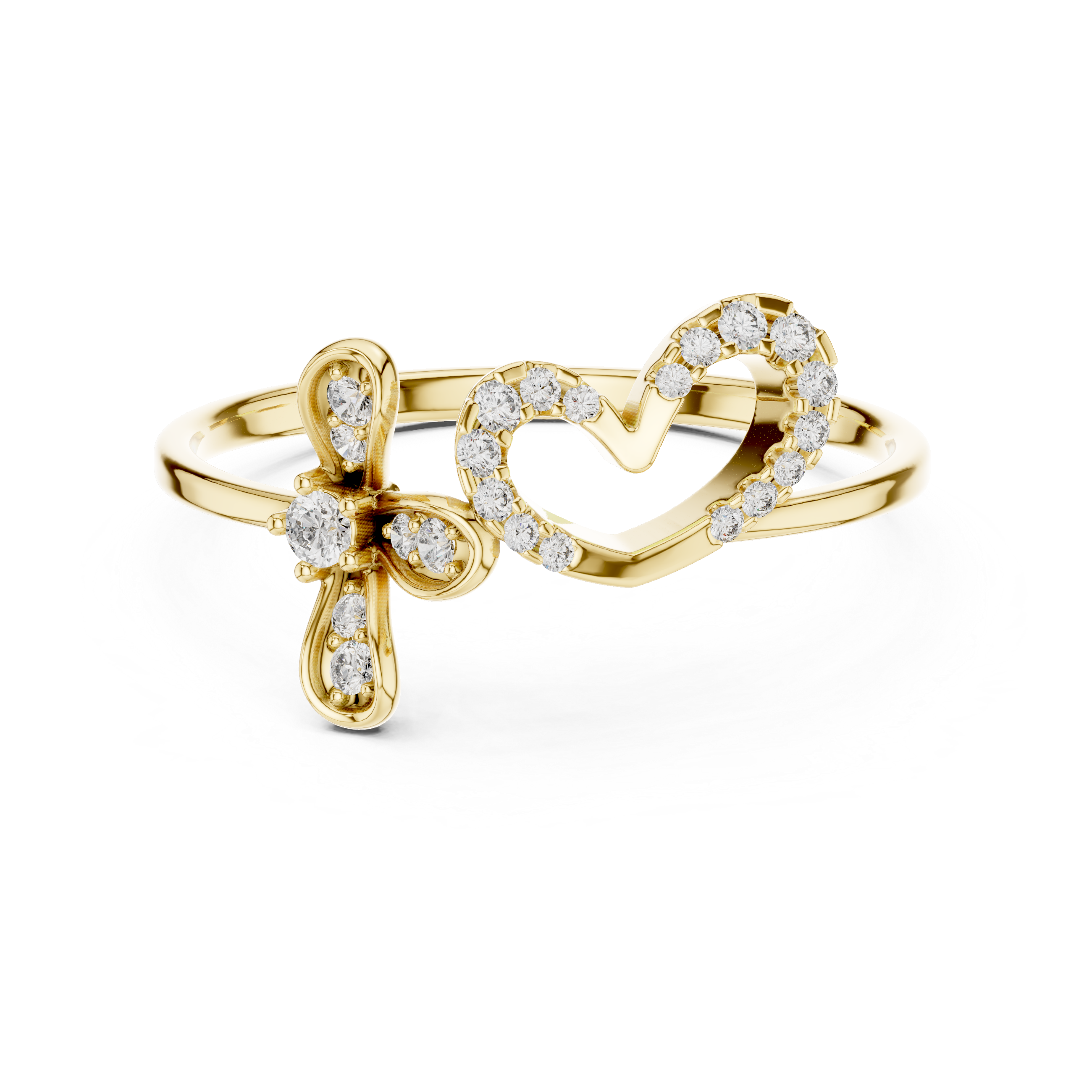 Diamond Heart and Floral Openwork Ring with Minimalist Split Design