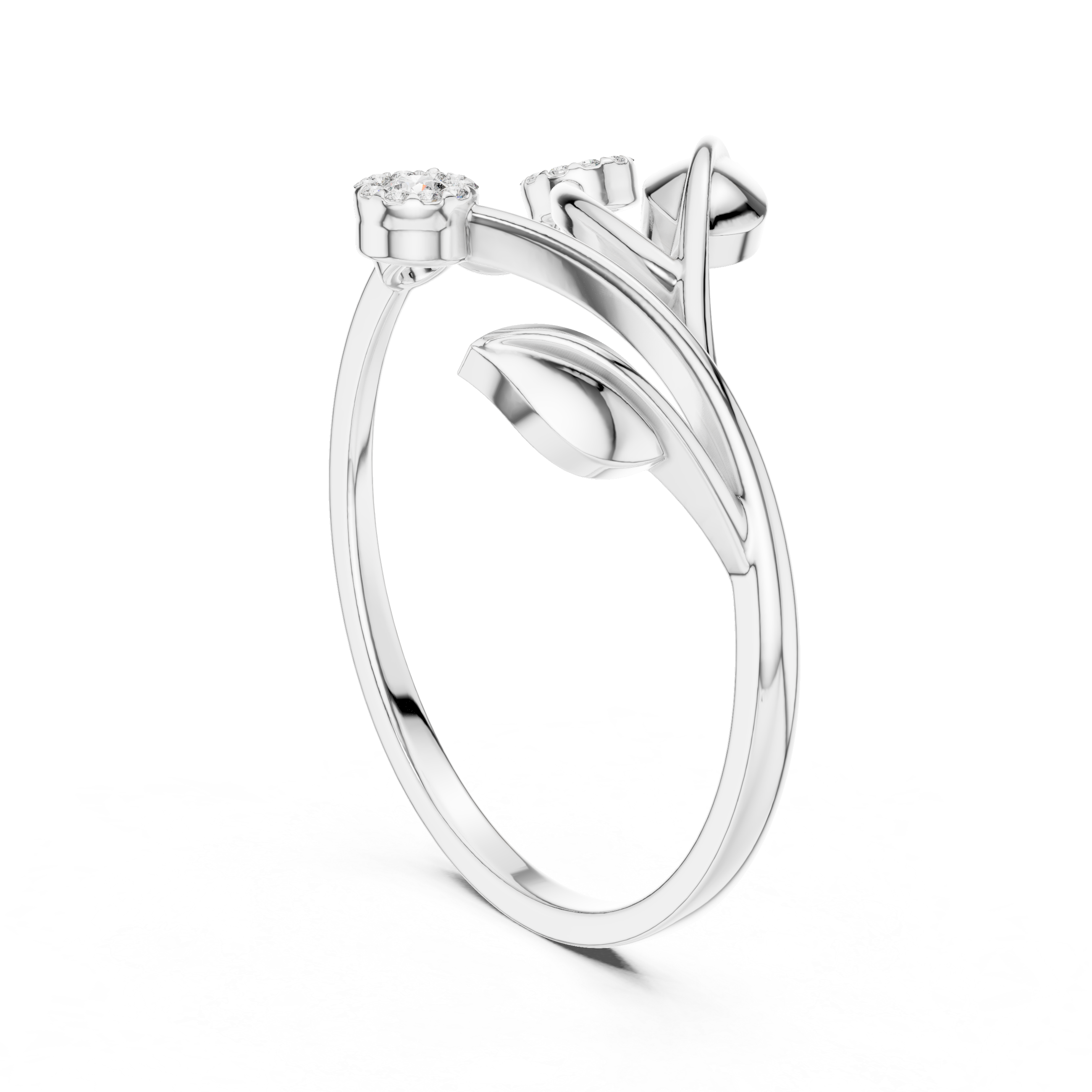 Nature-Inspired Diamond Leaf Ring with Floral Cluster Accents