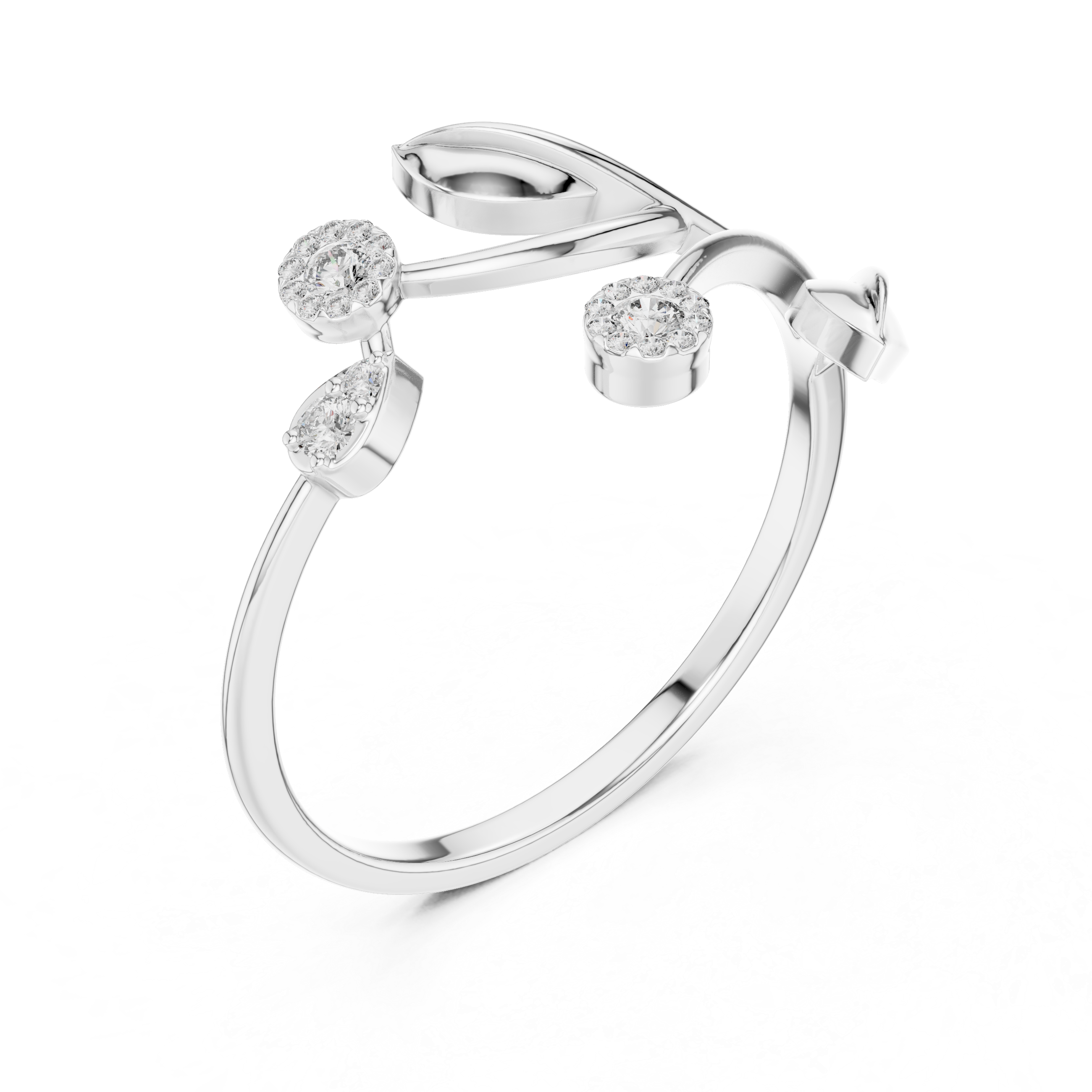 Nature-Inspired Diamond Leaf Ring with Floral Cluster Accents