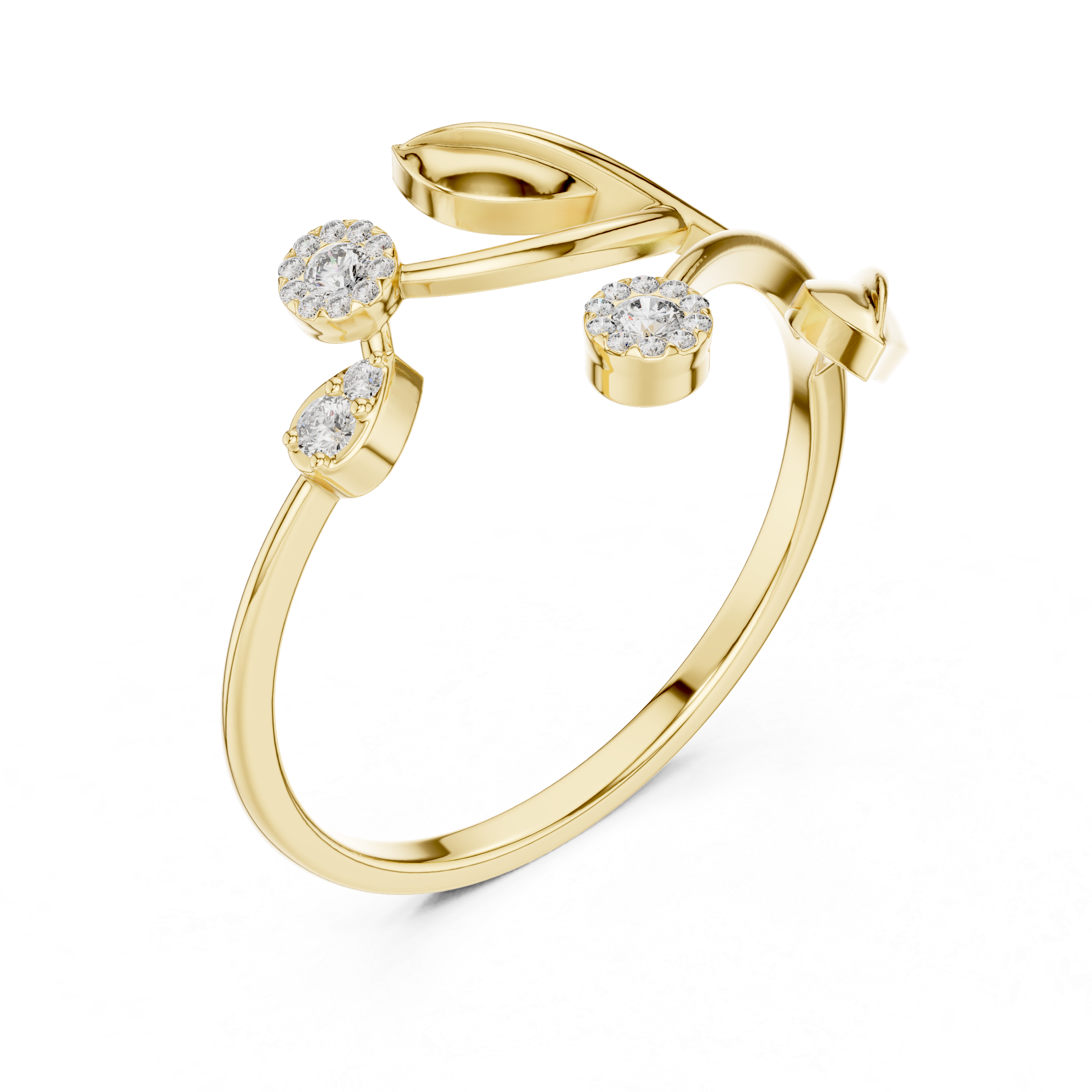 Nature-Inspired Diamond Leaf Ring with Floral Cluster Accents