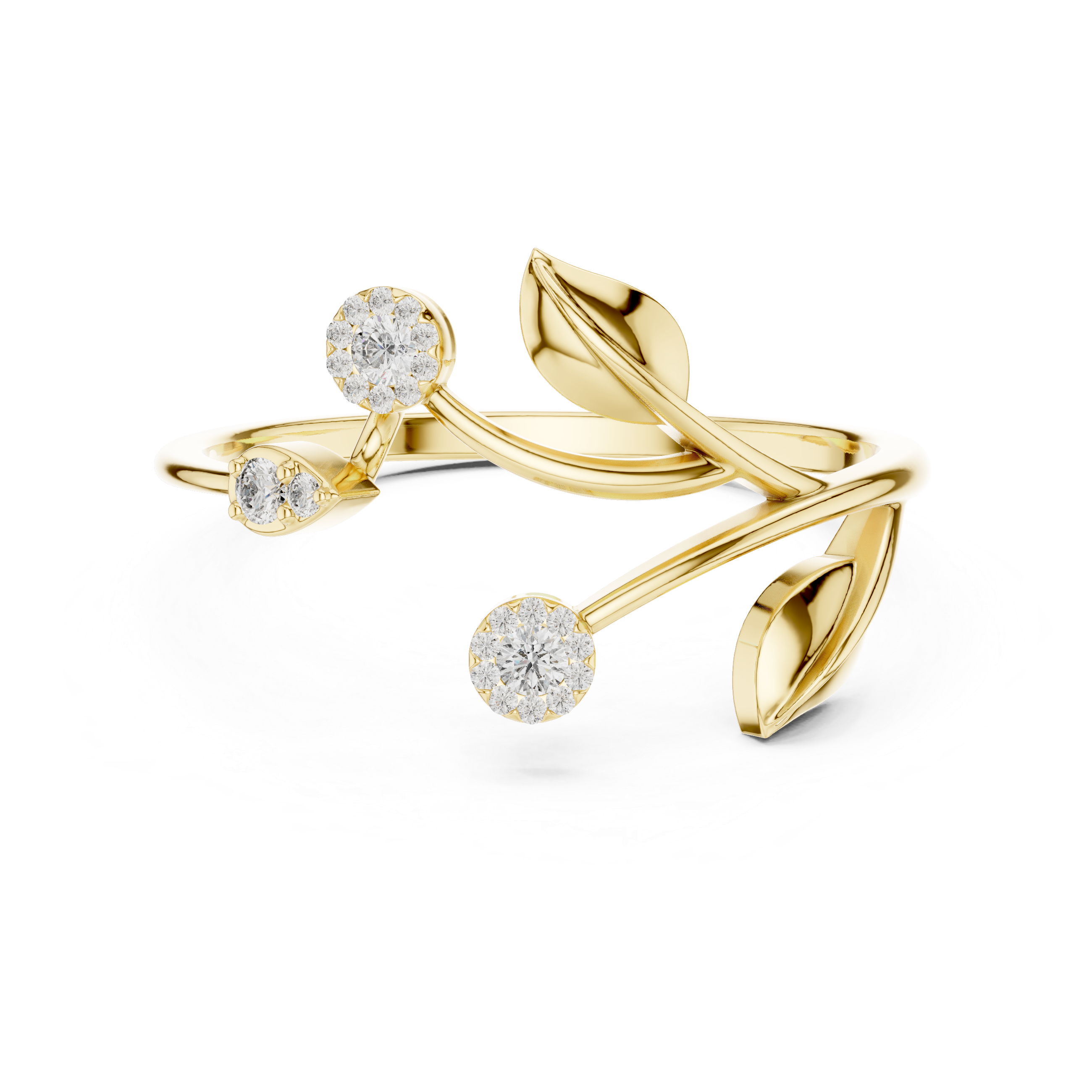 Nature-Inspired Diamond Leaf Ring with Floral Cluster Accents