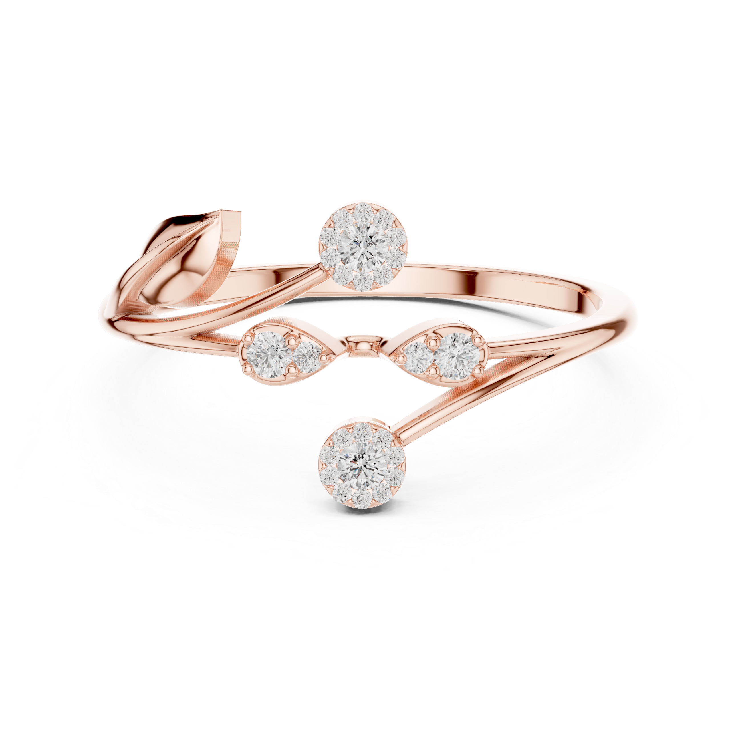 Nature-Inspired Open Leaf Diamond Ring with Floral Cluster Accents