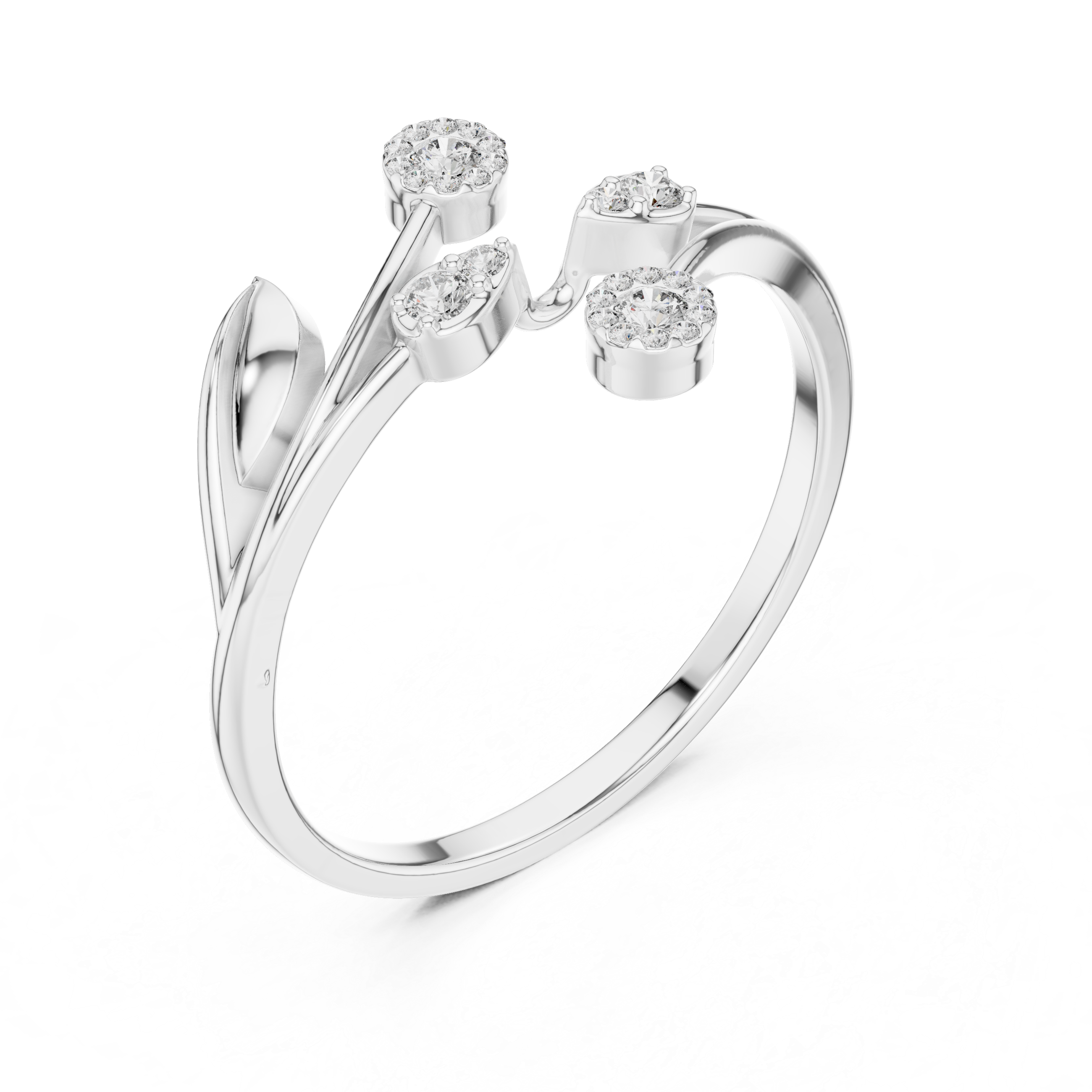 Nature-Inspired Open Leaf Diamond Ring with Floral Cluster Accents