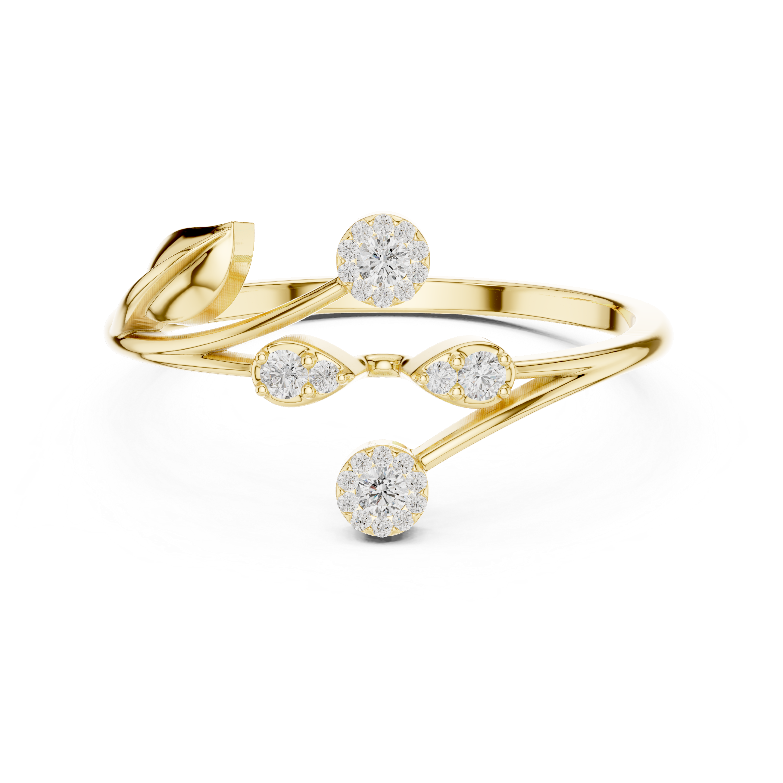 Nature-Inspired Open Leaf Diamond Ring with Floral Cluster Accents