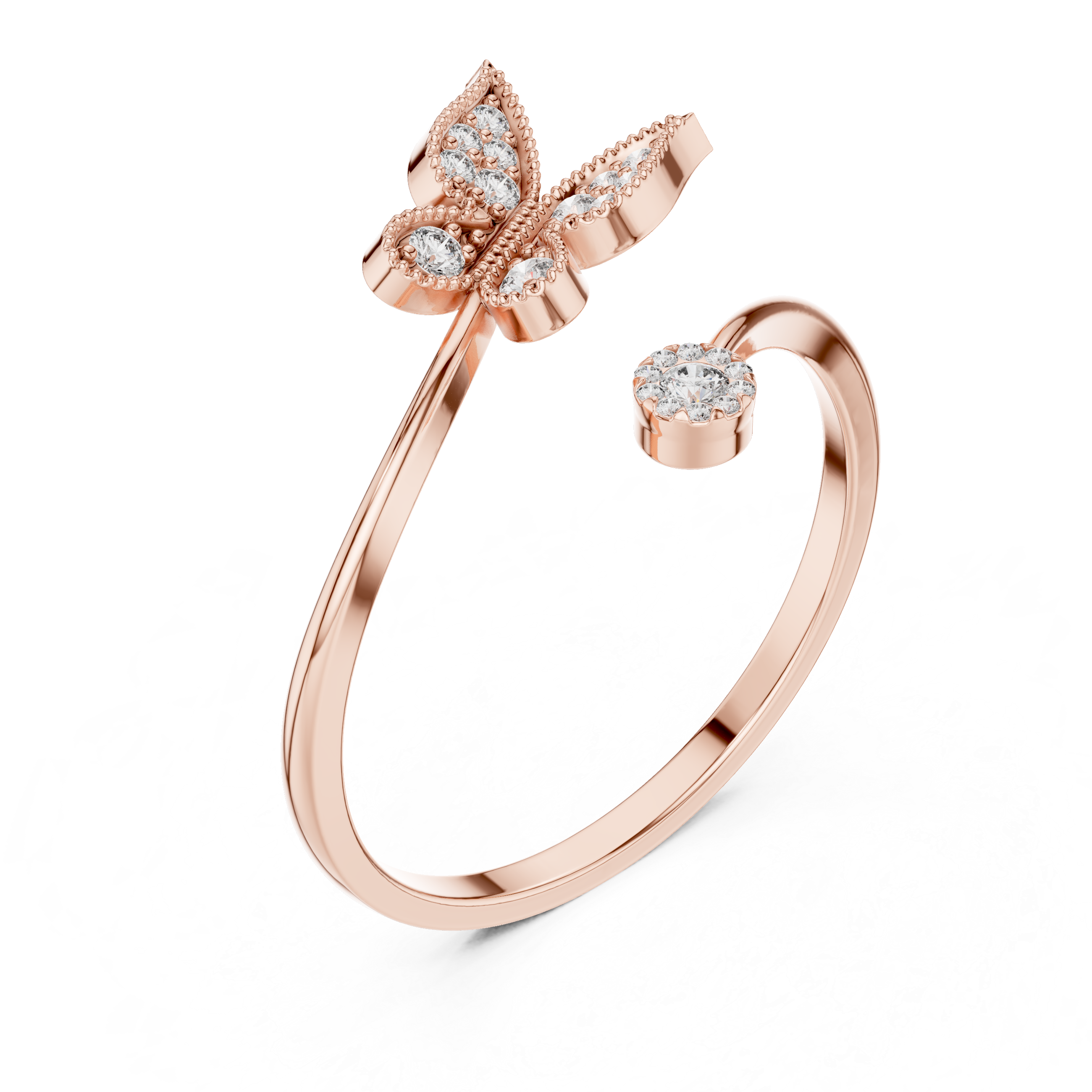 Diamond Butterfly & Floral Open Ring – Nature Inspired Leaf Wrap Design