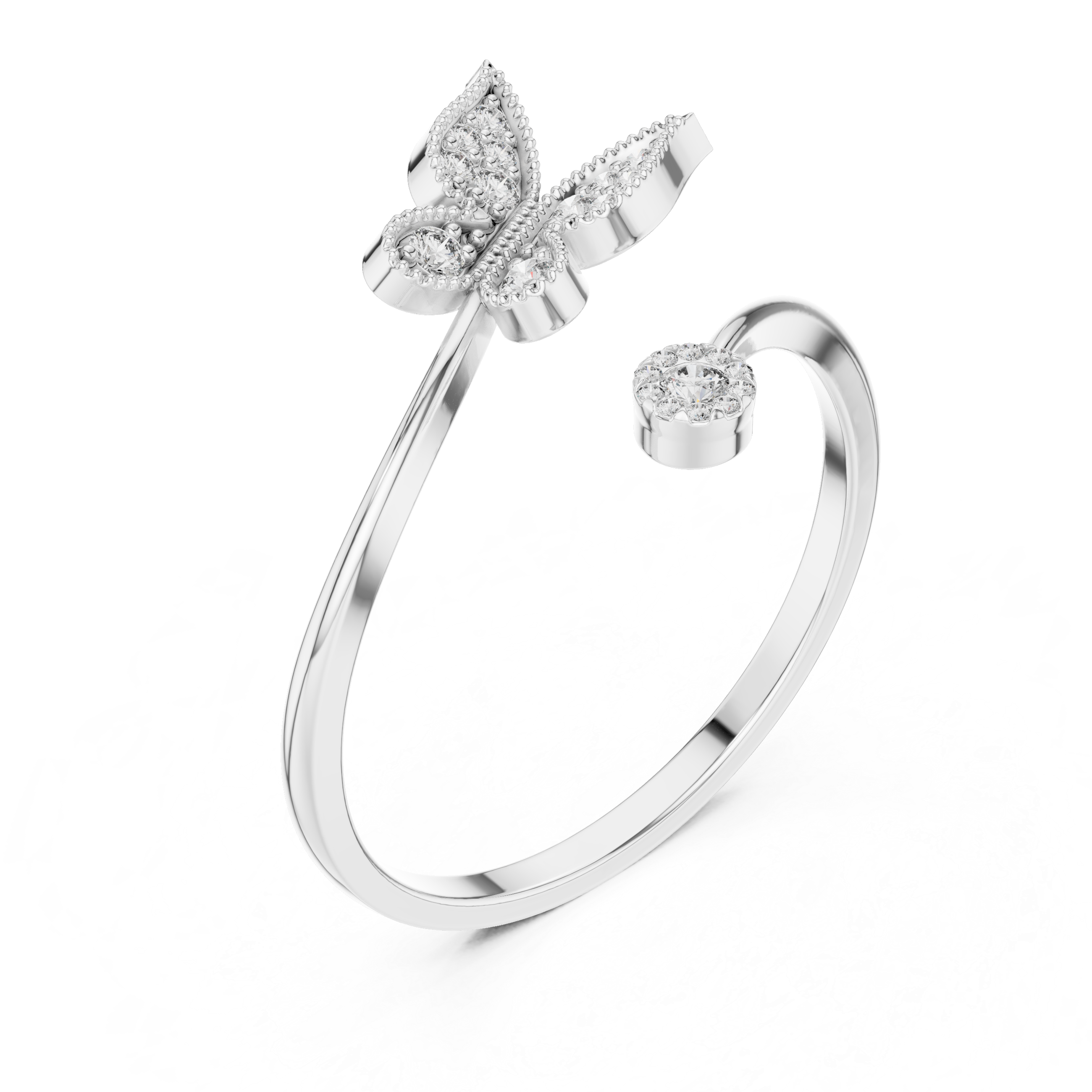 Diamond Butterfly & Floral Open Ring – Nature Inspired Leaf Wrap Design