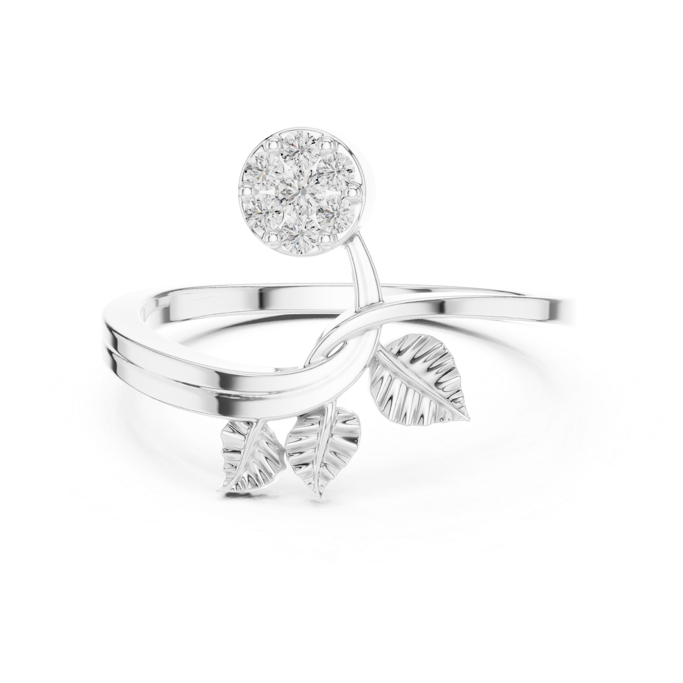 Diamond Flower & Leaf Nature Ring – Botanical Inspired Open Wrap Ring