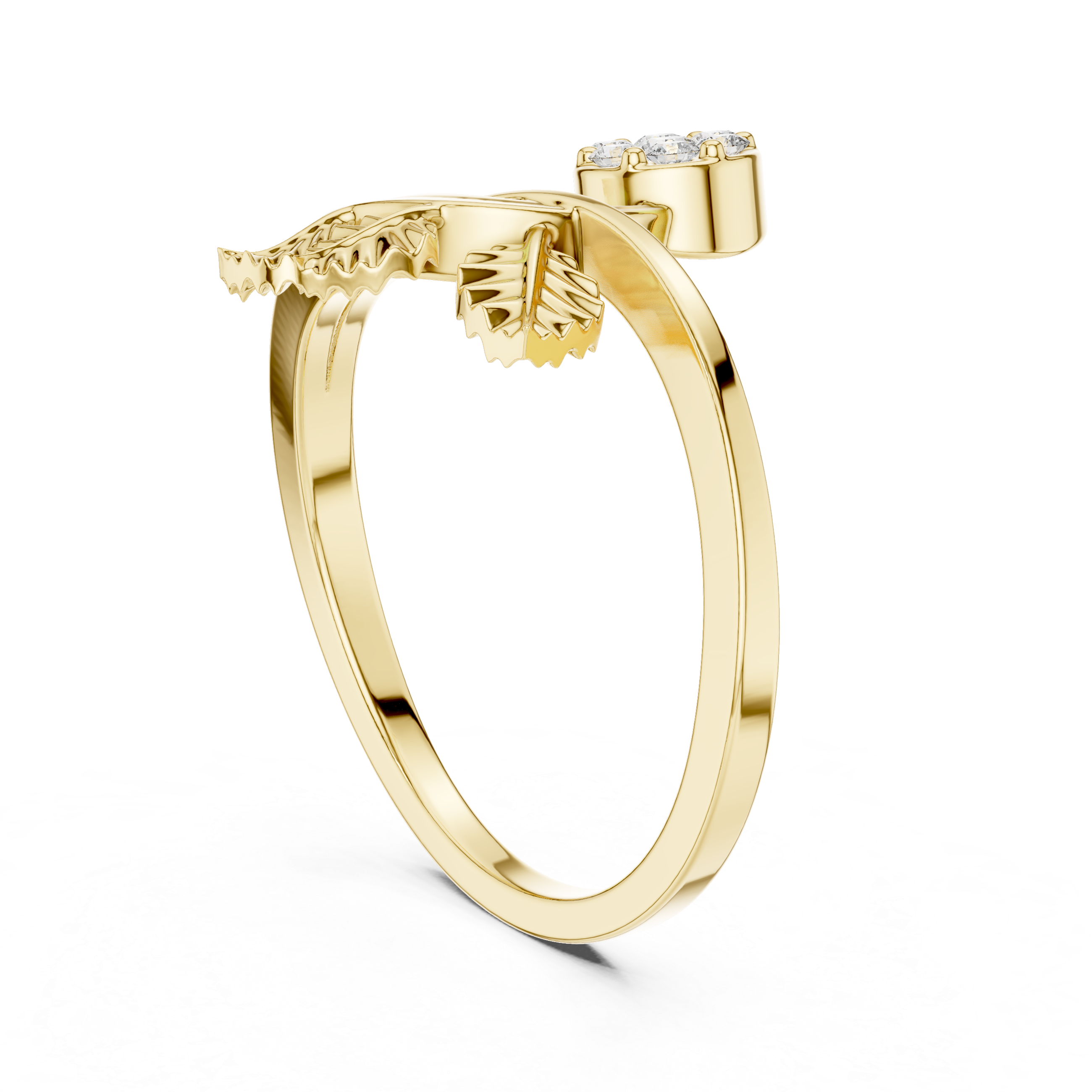 Diamond Flower & Leaf Nature Ring – Botanical Inspired Open Wrap Ring