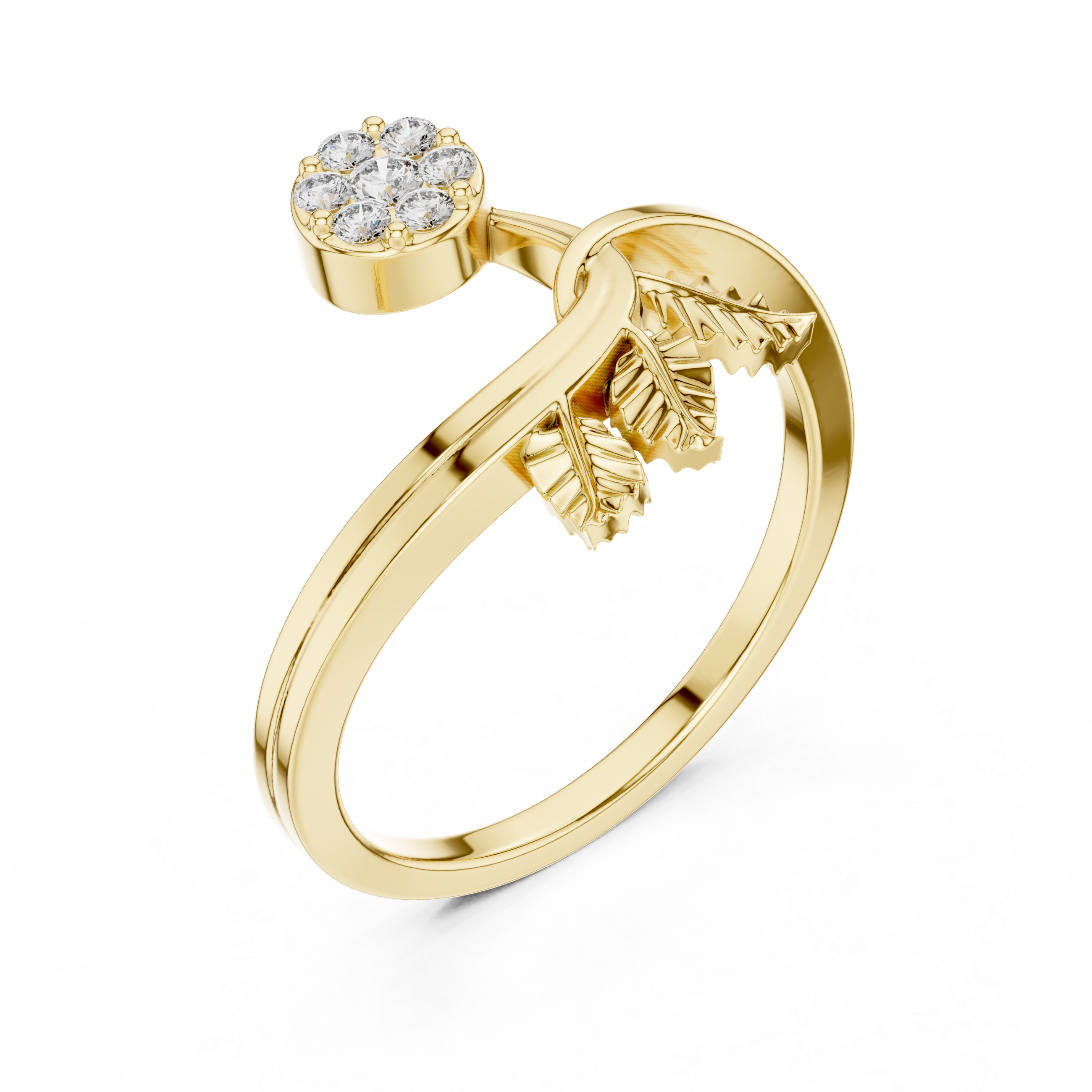 Diamond Flower & Leaf Nature Ring – Botanical Inspired Open Wrap Ring
