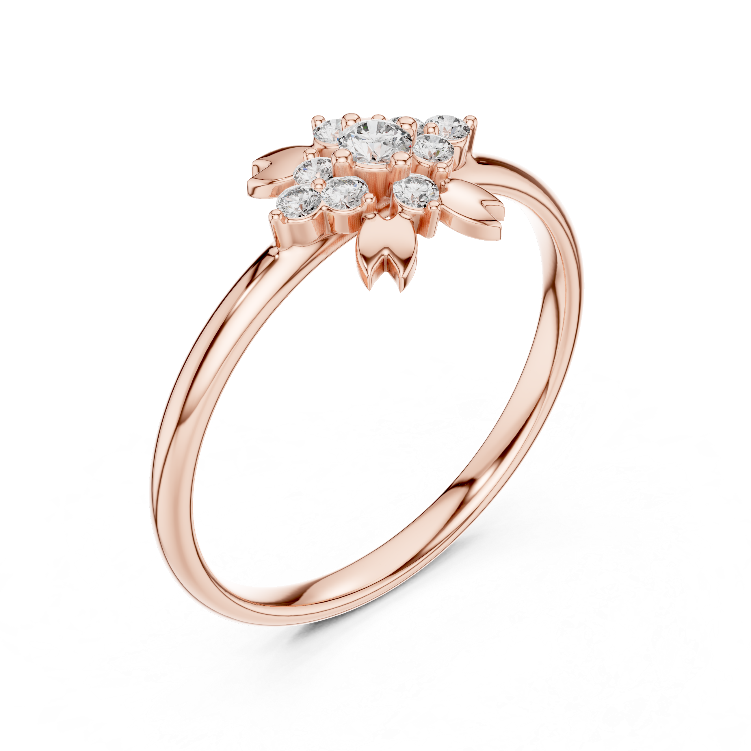 Floral Diamond Cluster Ring with Leaf Accents – Nature Inspired Elegance