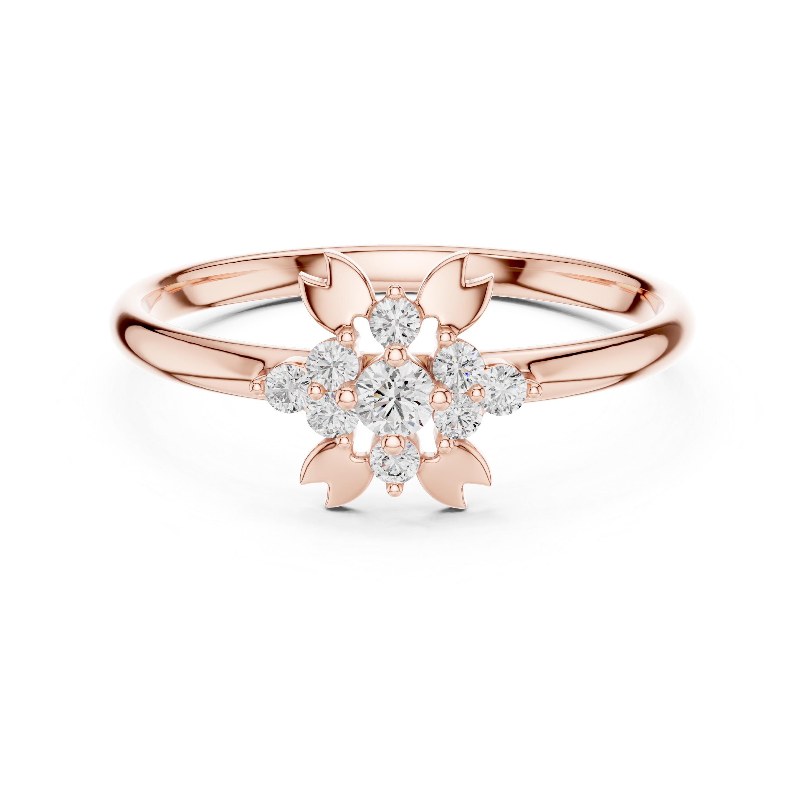 Floral Diamond Cluster Ring with Leaf Accents – Nature Inspired Elegance
