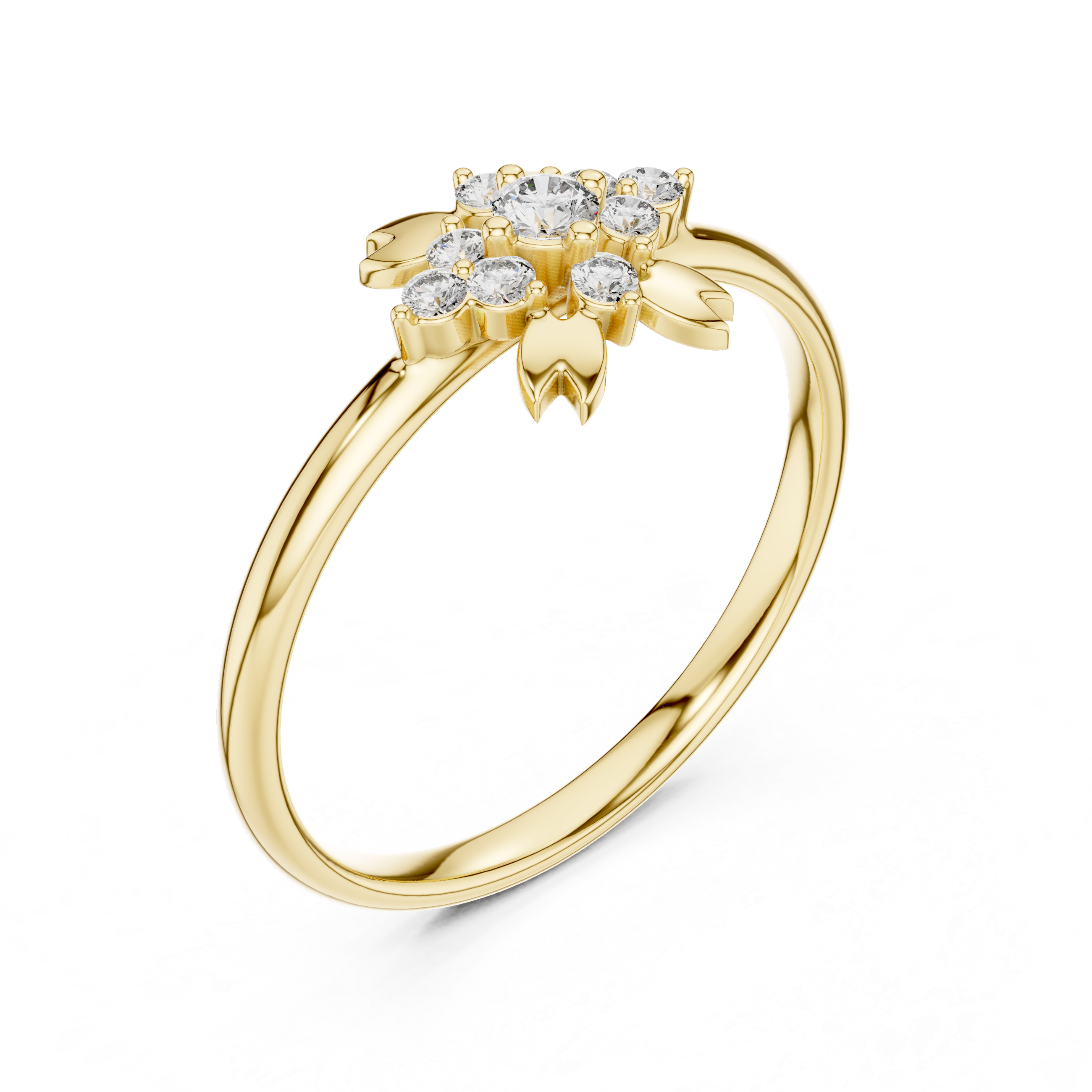 Floral Diamond Cluster Ring with Leaf Accents – Nature Inspired Elegance