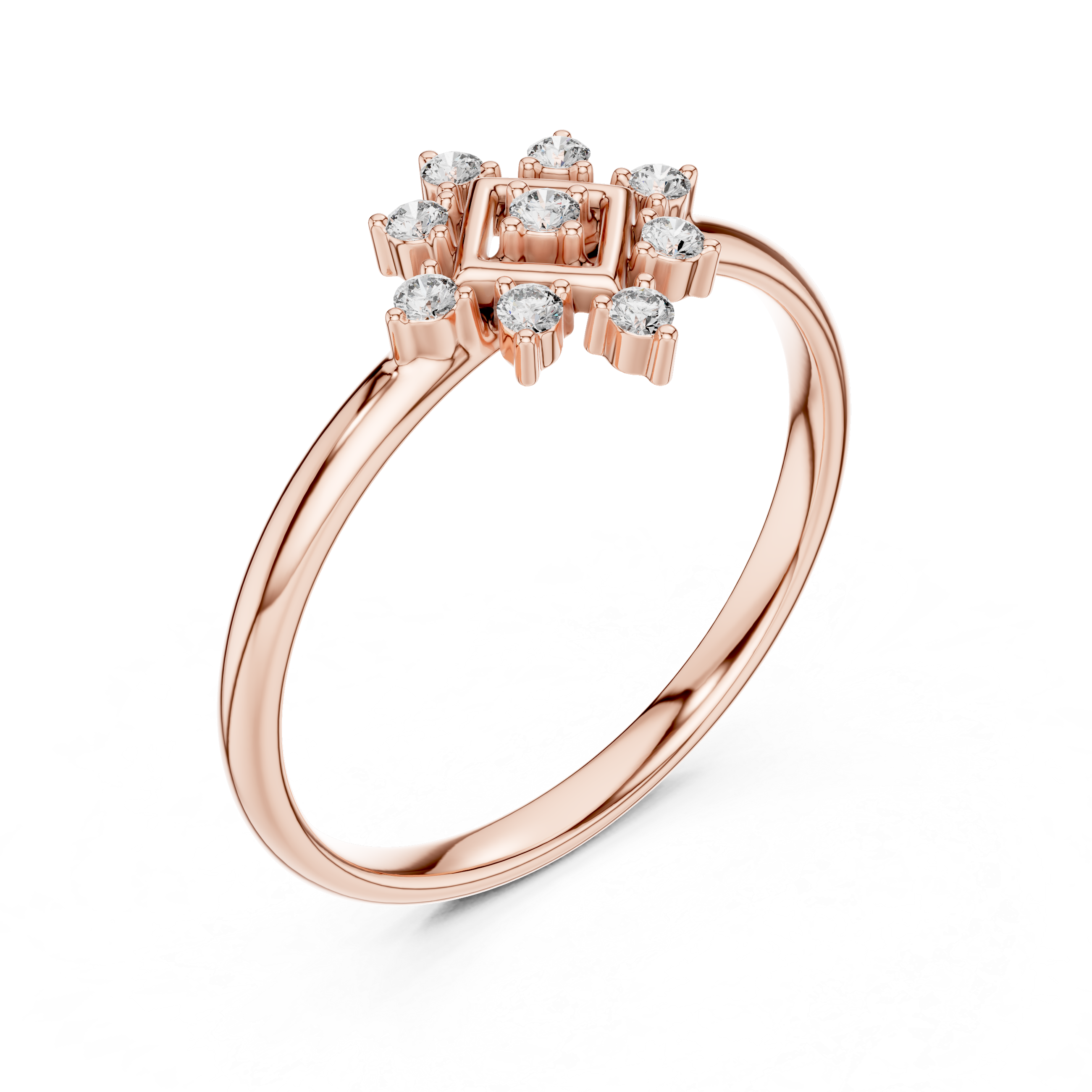 Geometric Diamond Halo Ring – Square Frame Floral Cluster