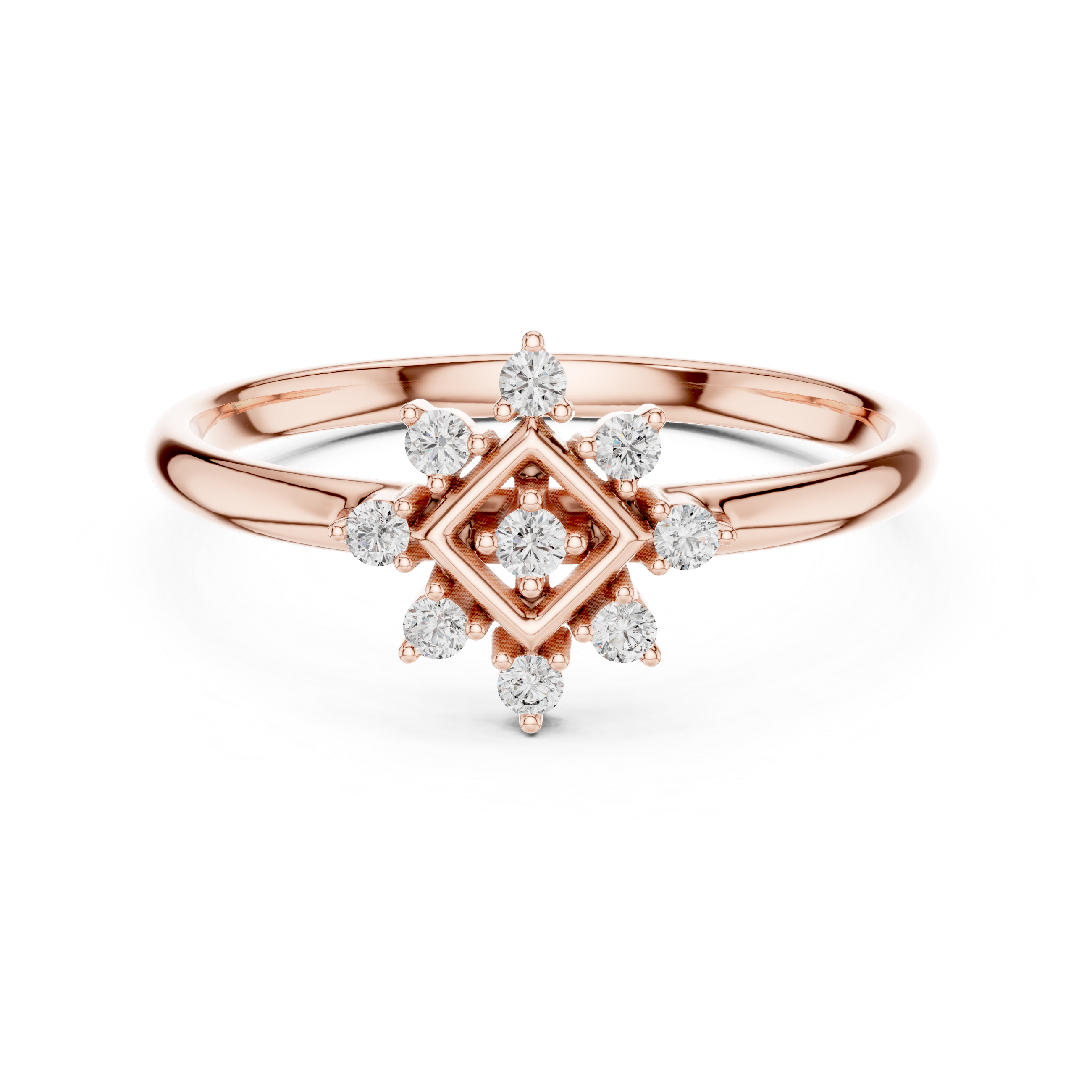 Geometric Diamond Halo Ring – Square Frame Floral Cluster