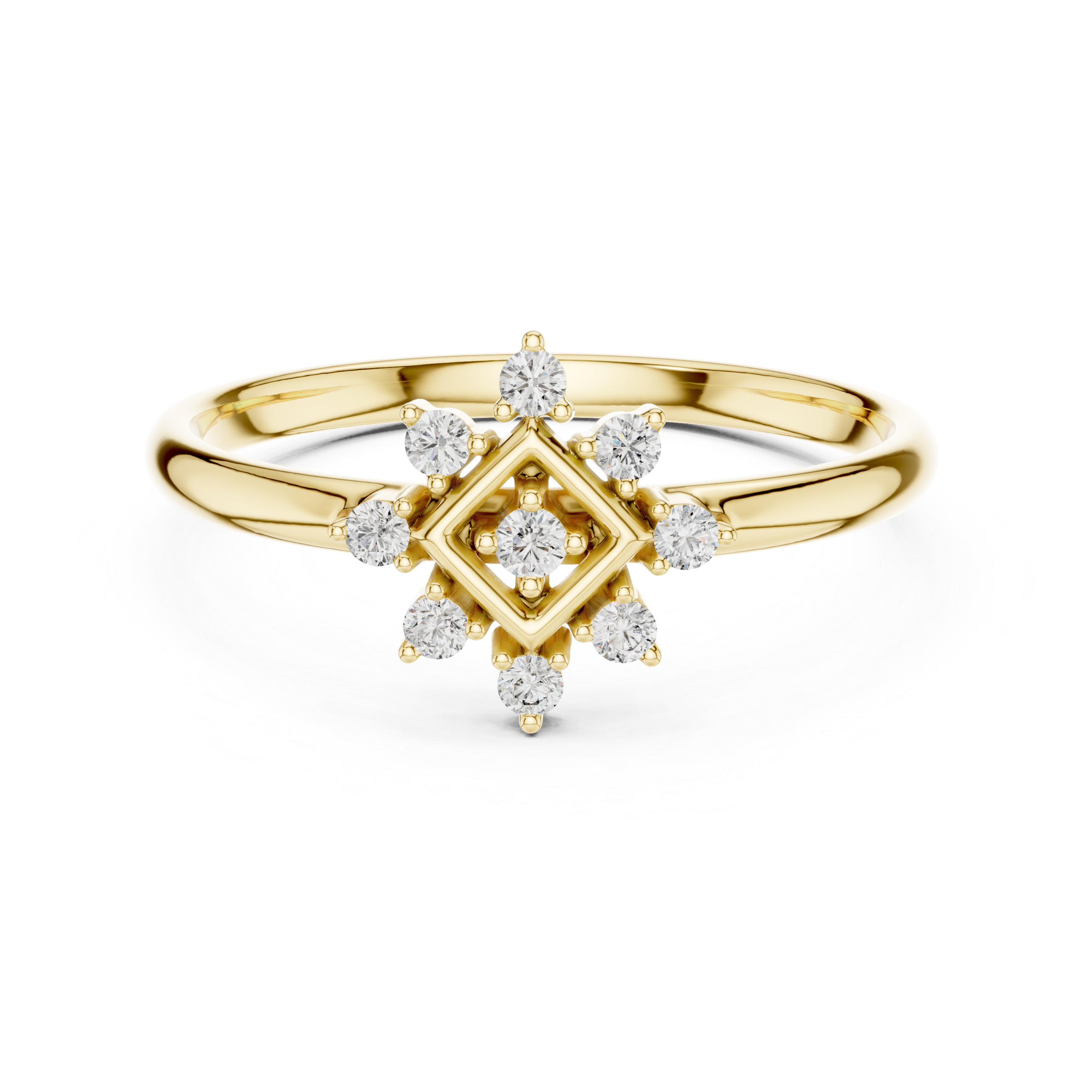 Geometric Diamond Halo Ring – Square Frame Floral Cluster