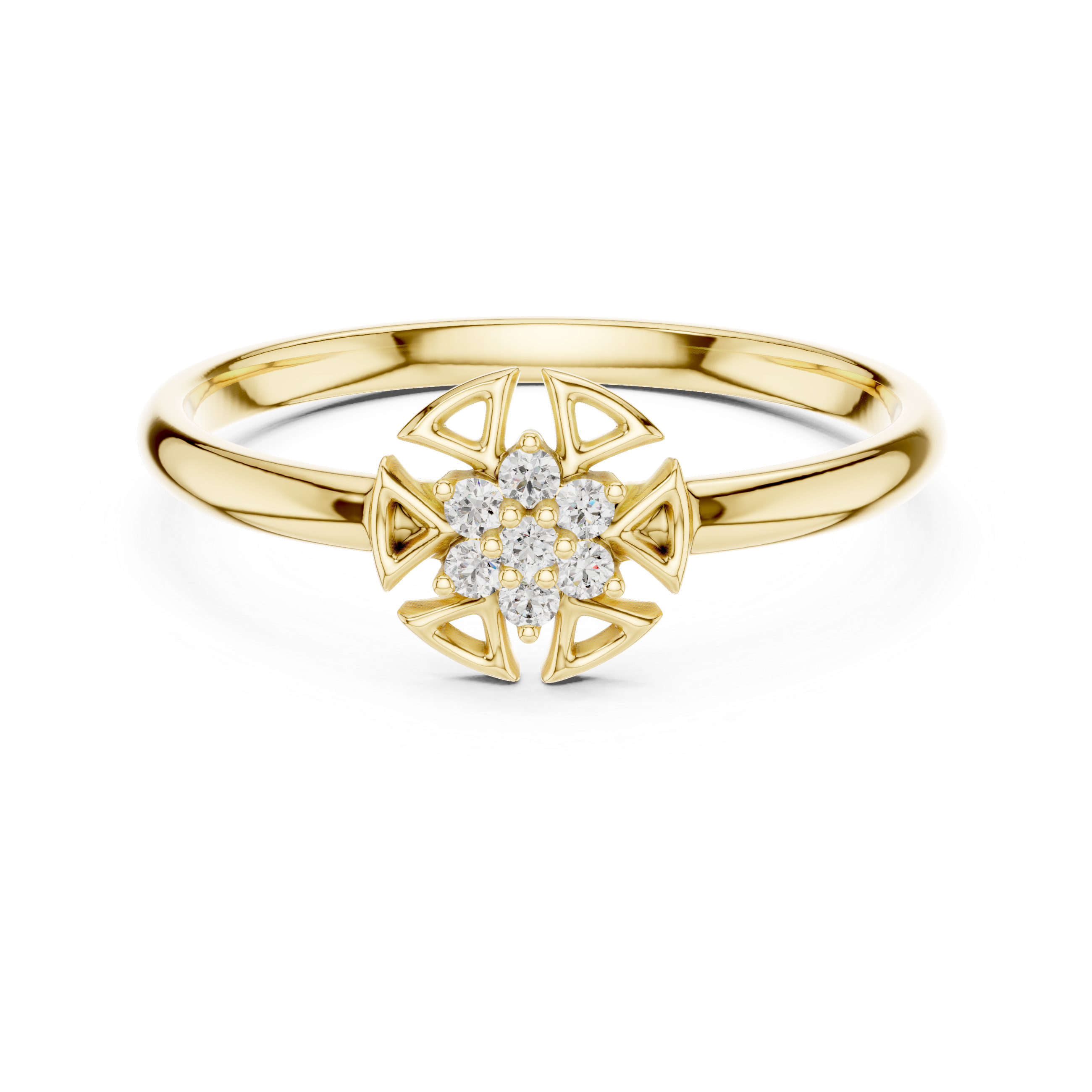 Geometric Floral Diamond Cluster Ring – Minimal Gold Statement Band