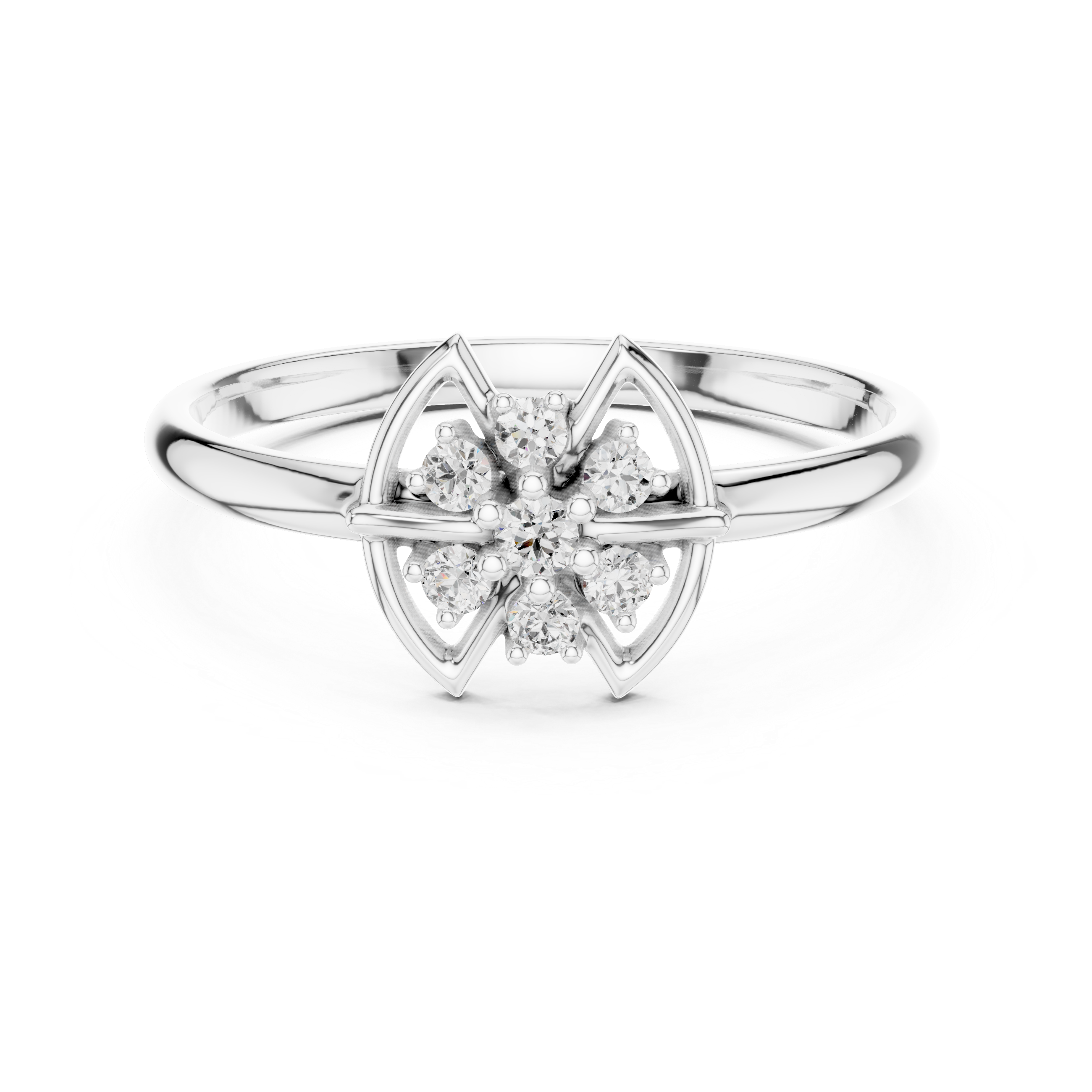 Geometric Floral Diamond Cluster Ring with Double Petal Frame